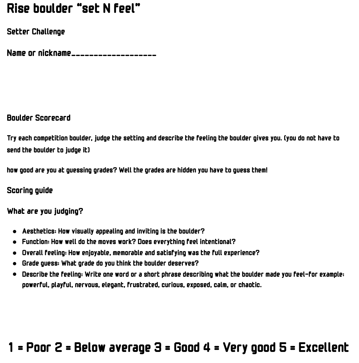 A worksheet titled 'Rise boulder 'set N feel'' with sections for a boulder challenge, scorecard, and scoring guide. It includes prompts for judging boulders based on aesthetics, function, overall feeling, grade, and descriptive feeling words. The worksheet also has a scoring scale from 1 to 5, labeled poor to excellent.