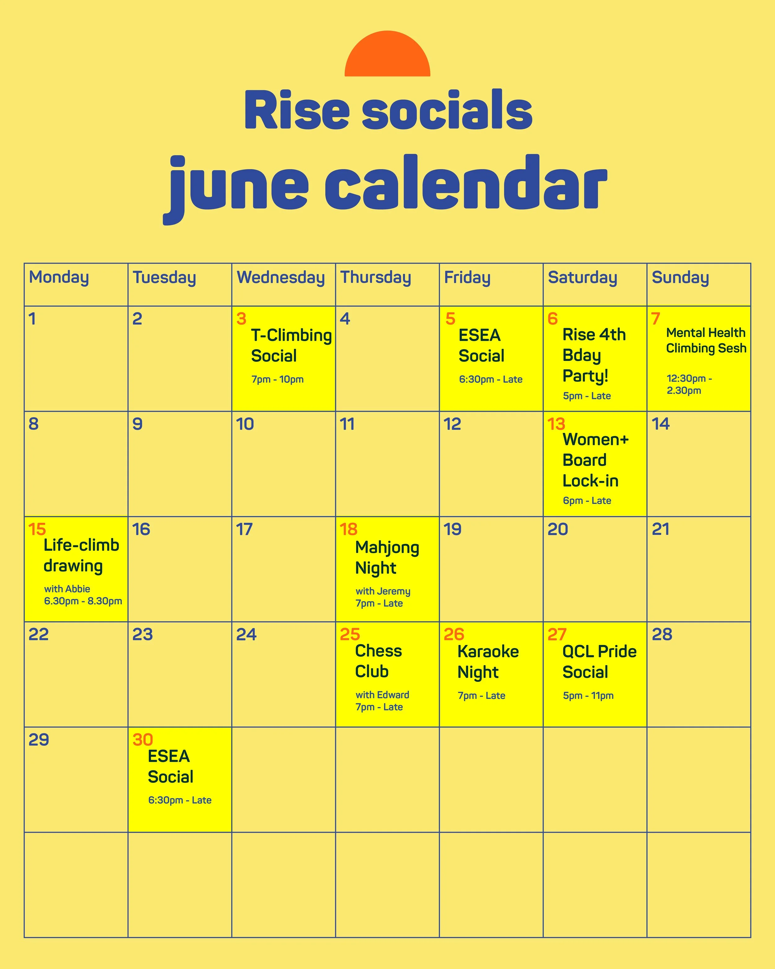 A colorful calendar for June showcasing various events such as social gathers, celebrations, and meetings, with dates marked in red and events listed in green and black text on a yellow background.