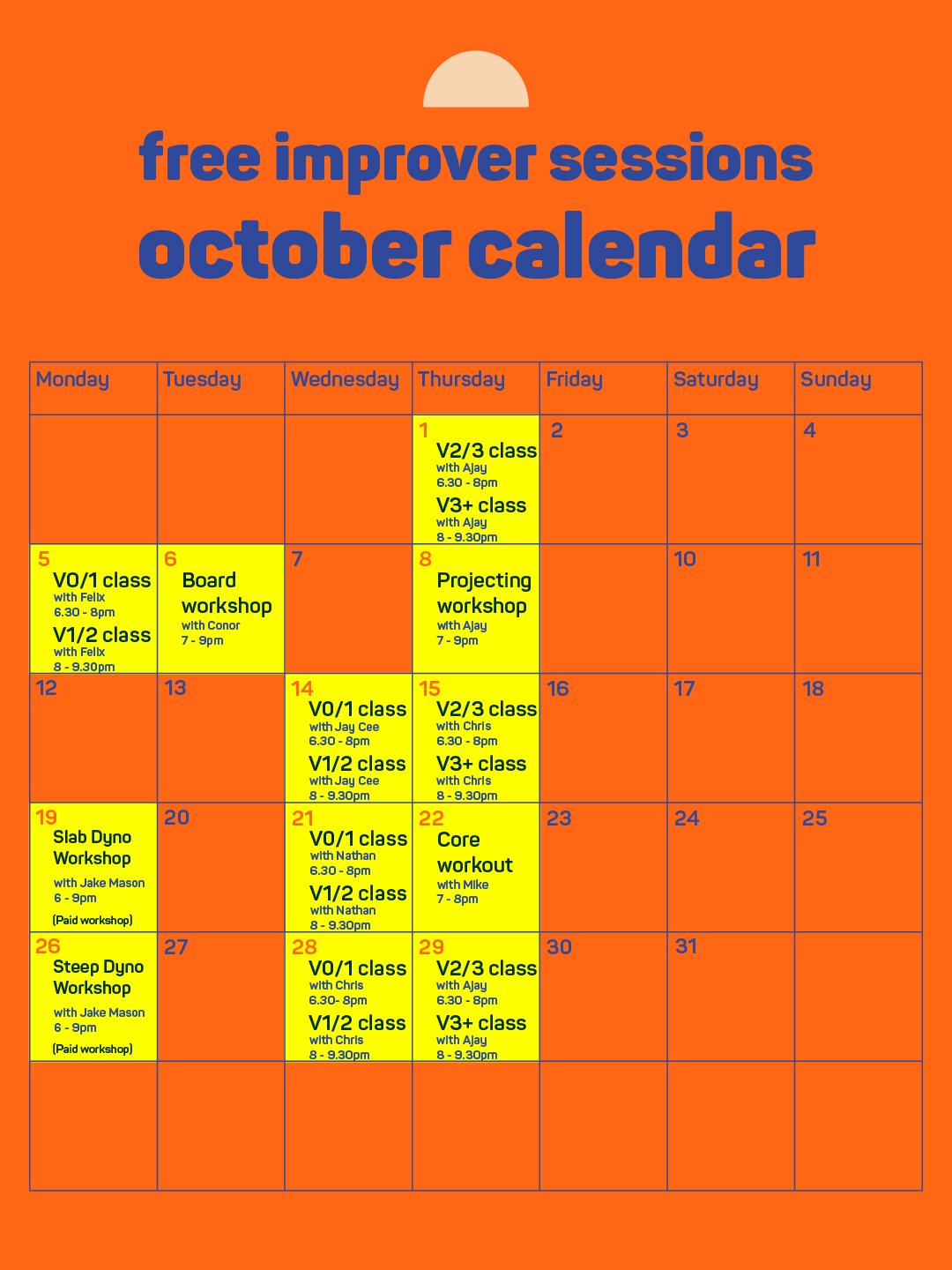 October schedule with free improv classes, workshops, and paid sessions for various dance levels, color-coded on a calendar.