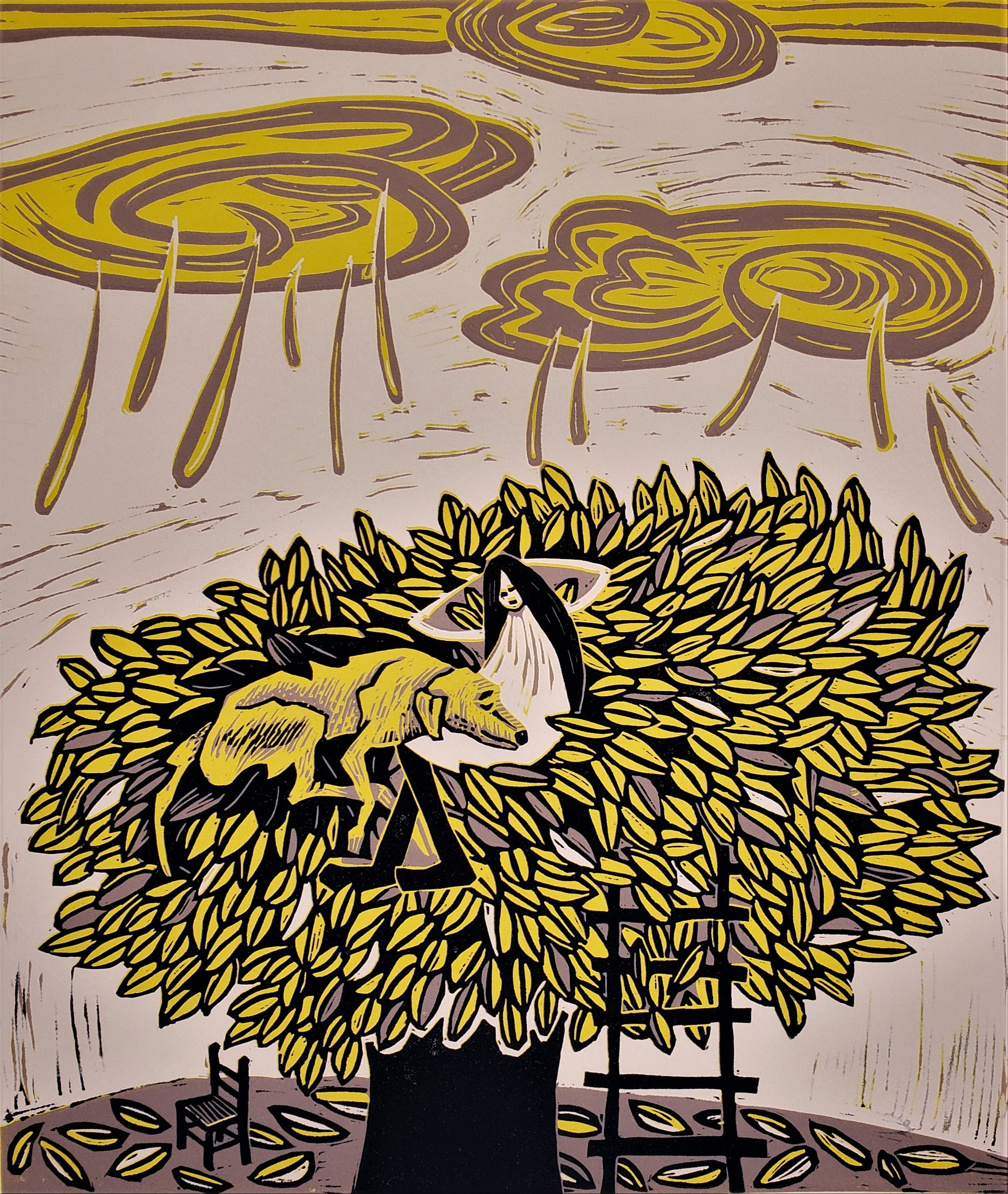 Oh! What a Day, 14" X 16", 3-Color Reduction Linocut, 2020, Available.