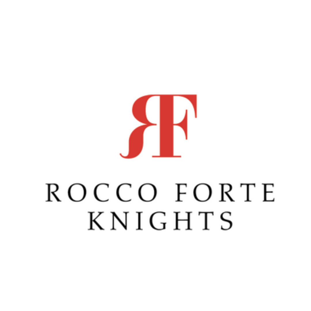 Logo of Rocco Forte Knights featuring a stylized red and white 'RF' monogram above the text 'Rocco Forte Knights' in black.