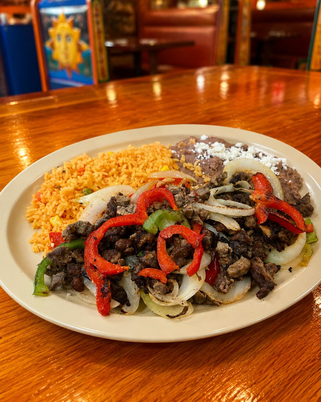 Plate of Mexican food with refried beans topped with cheese, Mexican rice, and seasoned ground beef with red and green peppers and onions, on a wooden table in a restaurant.