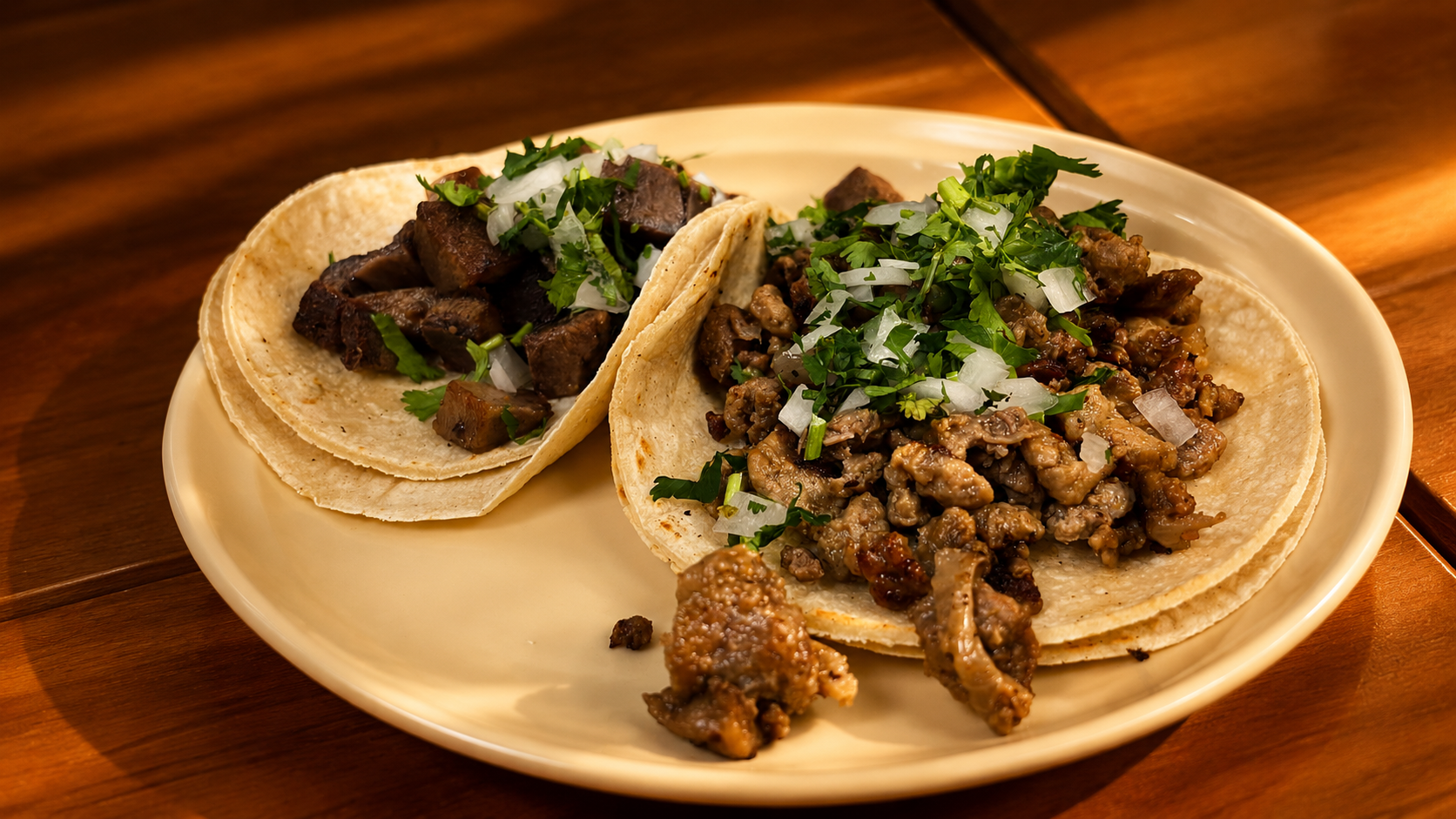 Two tacos on a beige plate with chopped onions and cilantro, one filled with grilled beef and the other with ground meat, on a wooden table.