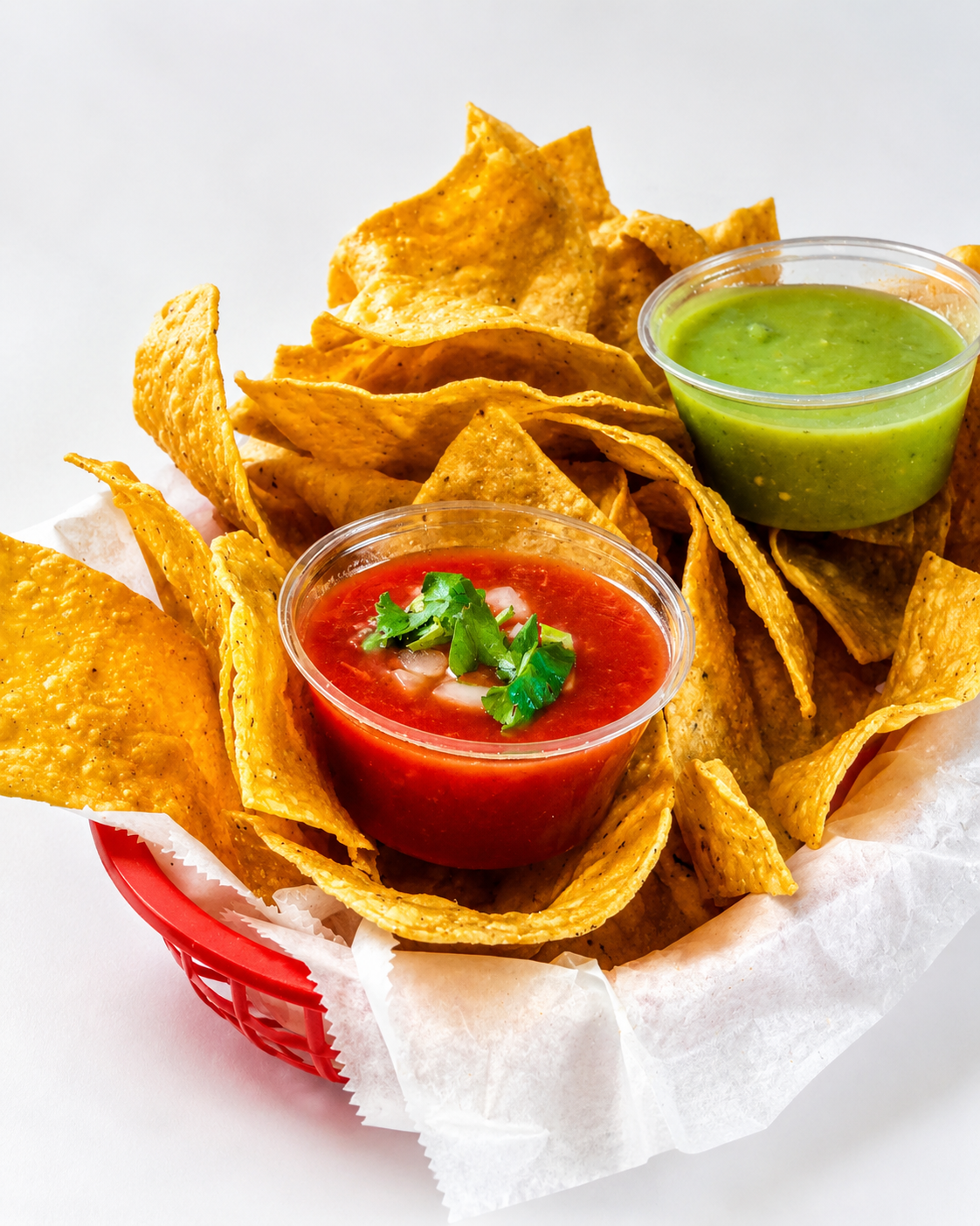 Basket of tortilla chips served with red salsa and green guacamole in small plastic cups.