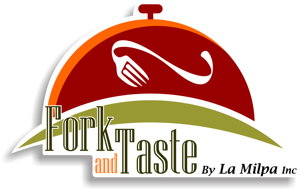 Logo for Fork and Taste, a food-related brand by La Milpa Inc., featuring a stylized plate with a fork and spoon icon.
