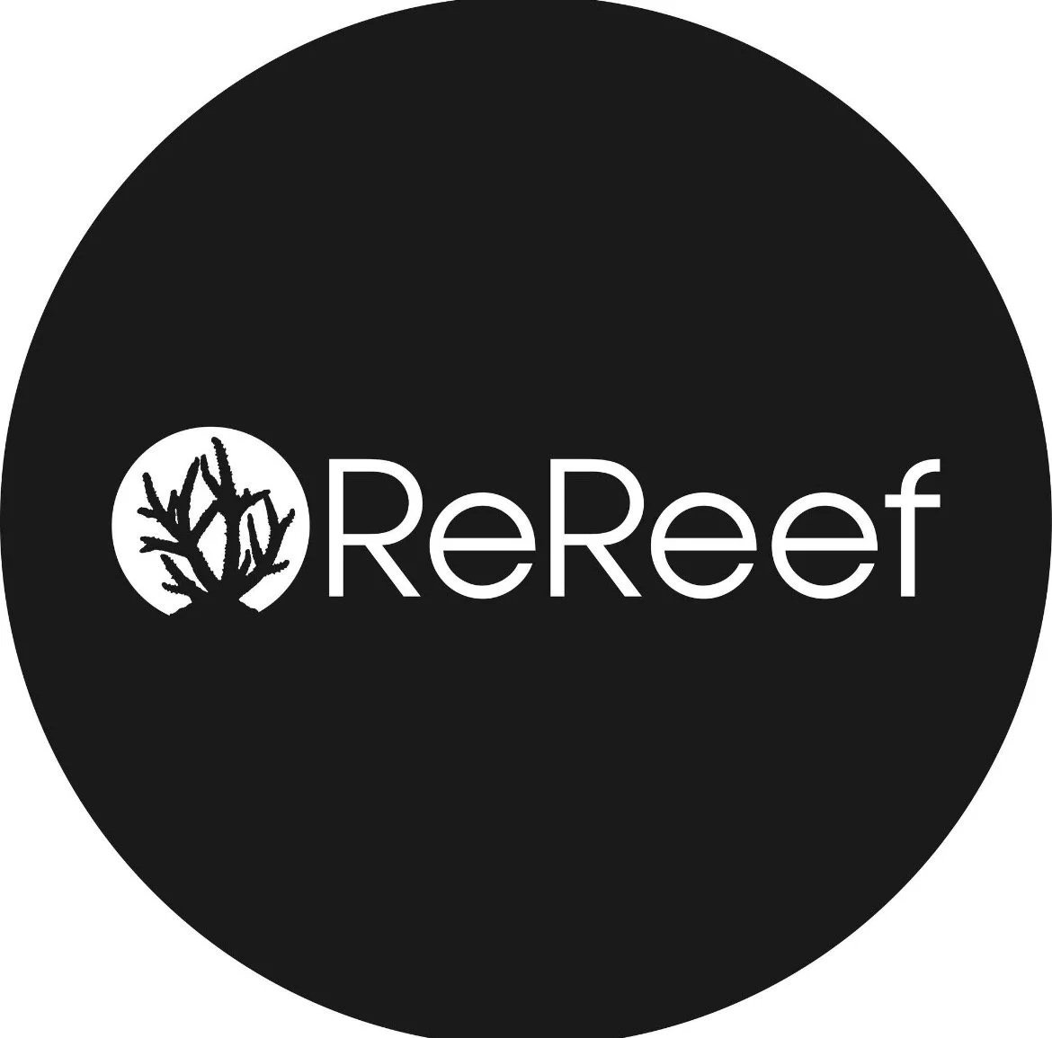 Black circular logo with a white coral illustration and the word ReReef.