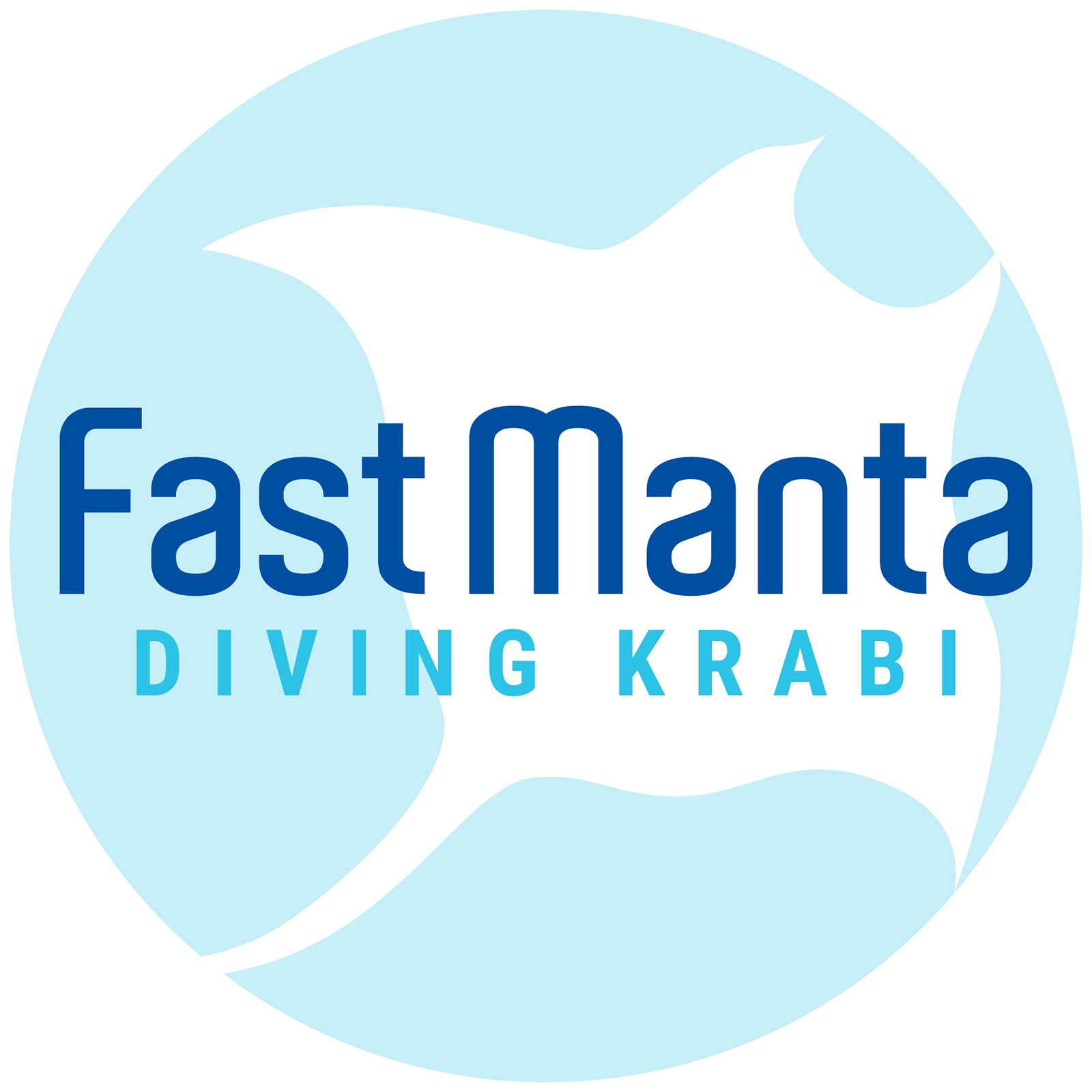 A circular logo with a stylized white manta ray and the words 'Fast Manta' in dark blue and 'DIVING KRABI' in light blue on a light blue background.