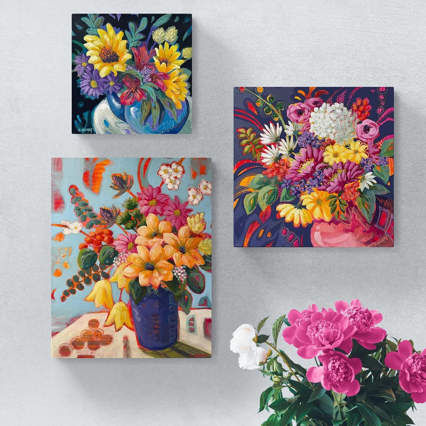 Spring has arrived in my studio in the form of fun, whimsical florals! These paintings were begun in a recent workshop with esteemed Colorado artist, Dianna Fritzler, and finished in my studio this week. They&rsquo;re &ldquo;bloom-full,&rdquo;to say 