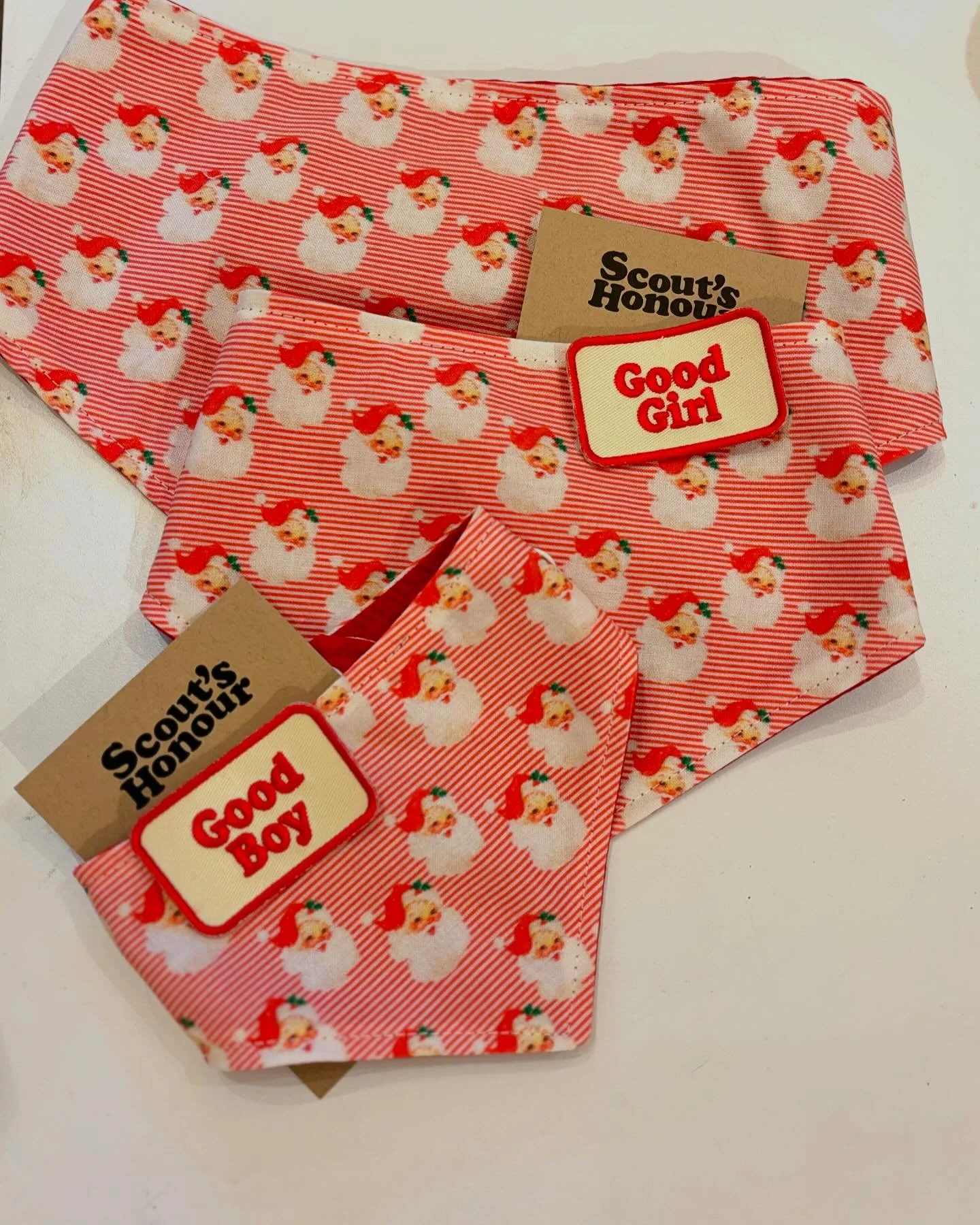 It&rsquo;s officially December, so we can finally share these vintage Santa bandana beauties. Bring on the festive dogs! 

Add a little merit badge to let Santa Paws know your good doggo isn&rsquo;t on the naughty list. 

Handmade in Warwickshire, do