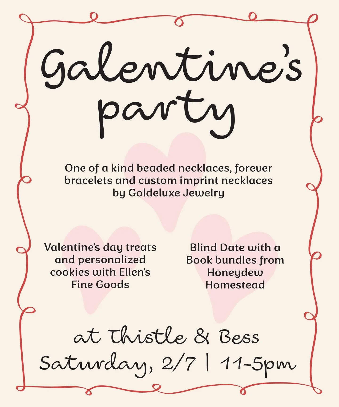 Save the date! We are hosting a Galentine Party on Saturday, February 7 💝 @goldeluxejewelry will be at the shop with Forever Bracelets, OOAK Beaded Necklaces and Make Your Own Fingerprint Pendants. @ellensfinegoods will be bringing a lovely selectio