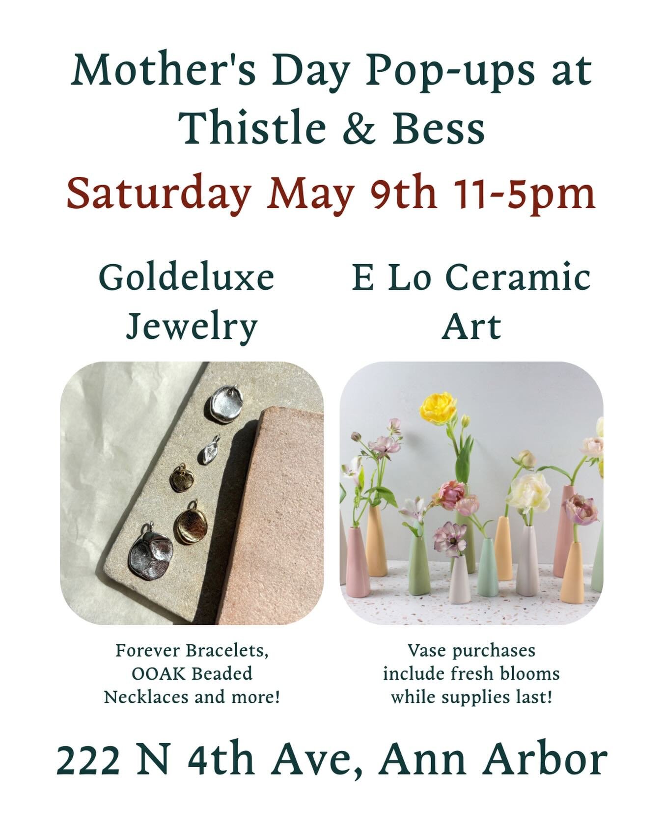 Join us at the shop for a day focused on the Mom&rsquo;s in your life! 

❤️ @goldeluxejewelry will be at the shop with Forever Bracelets, colorful one-of-a-kind beaded necklaces and materials to capture the imprint of a loved one and have it turned i