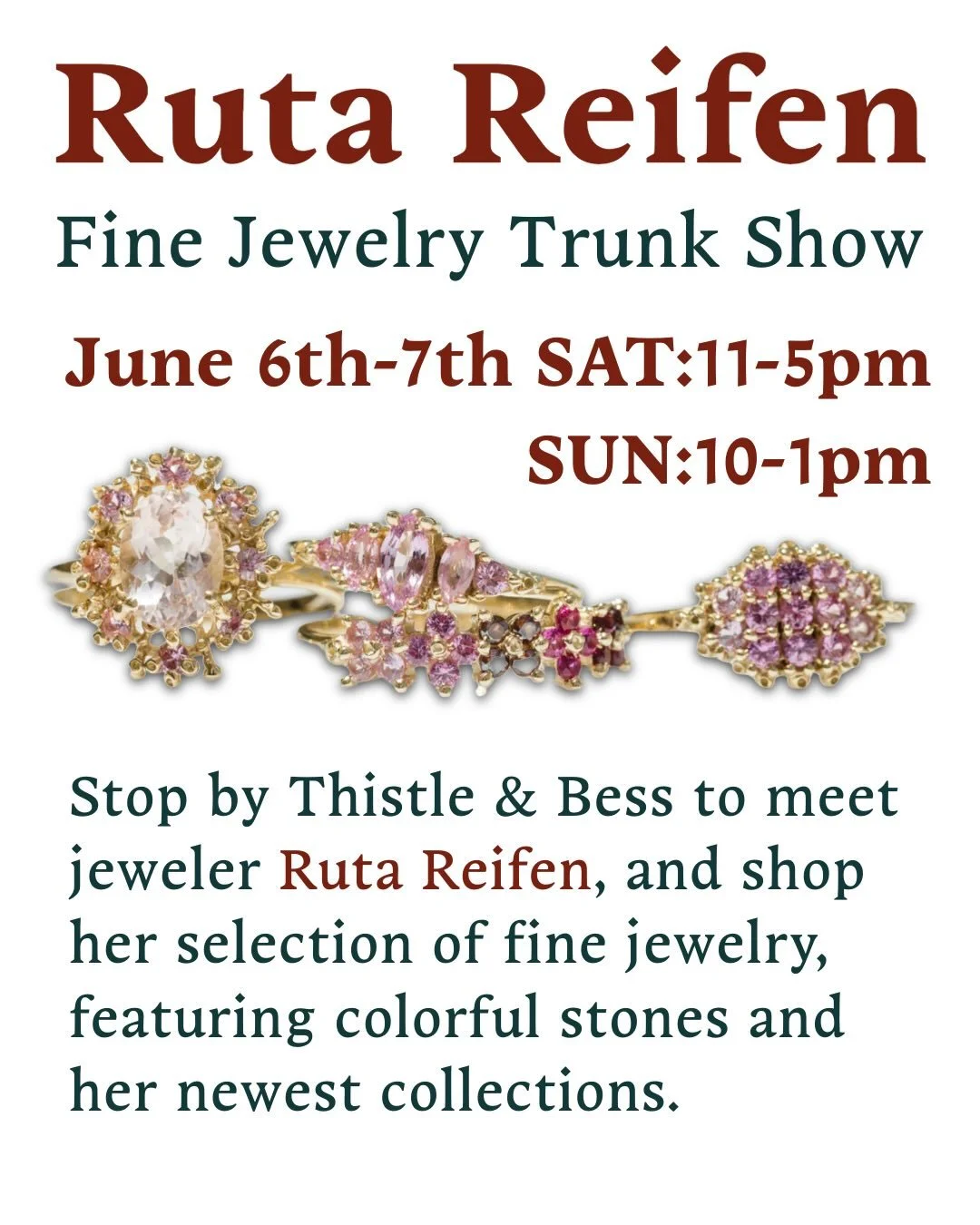 Save the date! Our friend @rutareifenjewelry will be coming from NYC to T&amp;B for a fine jewelry Trunk Show during the weekend of June 6. Ruta&rsquo;s work takes inspiration from the flowing lines, endless shapes and colors of underwater forms. Her