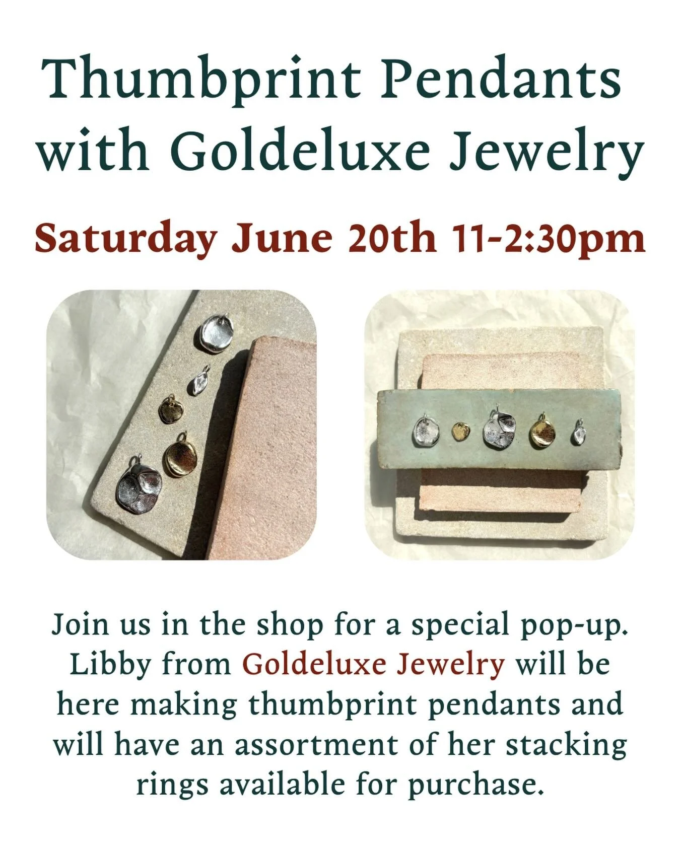 Save the date! @goldeluxejewelry will be back at the shop on Saturday, June 19 capturing the imprints of your loved ones and turning them into a pendant! This is such a special event. I have my son&rsquo;s thumbprint and wear it every day! 🫆 #goldel
