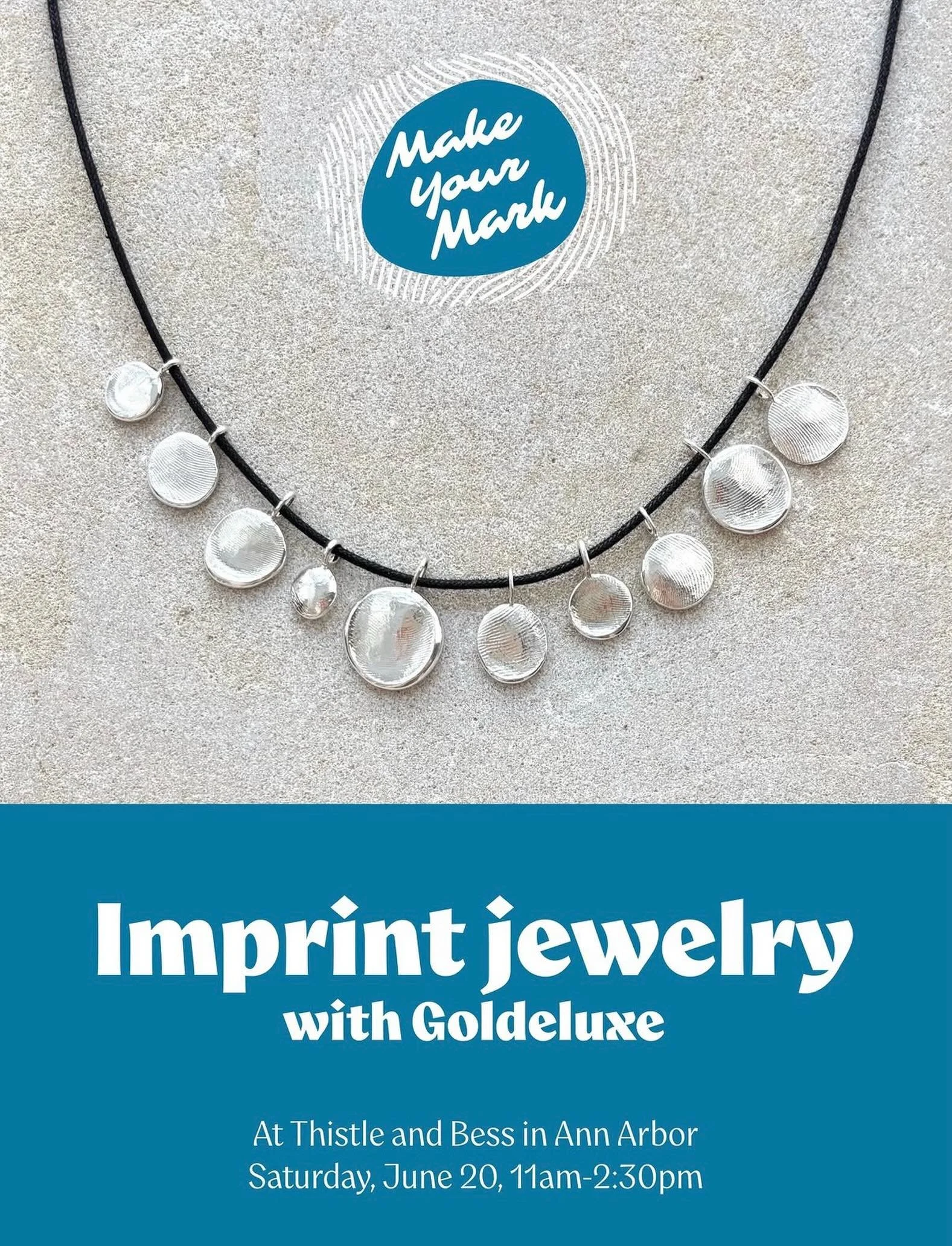 This Saturday! @goldeluxejewelry will be here with materials to capture the imprint of a loved one and have it turned into a silver pendant. I wear my son&rsquo;s fingerprint every day and it is so special. Bring your nearest and dearest and make a f