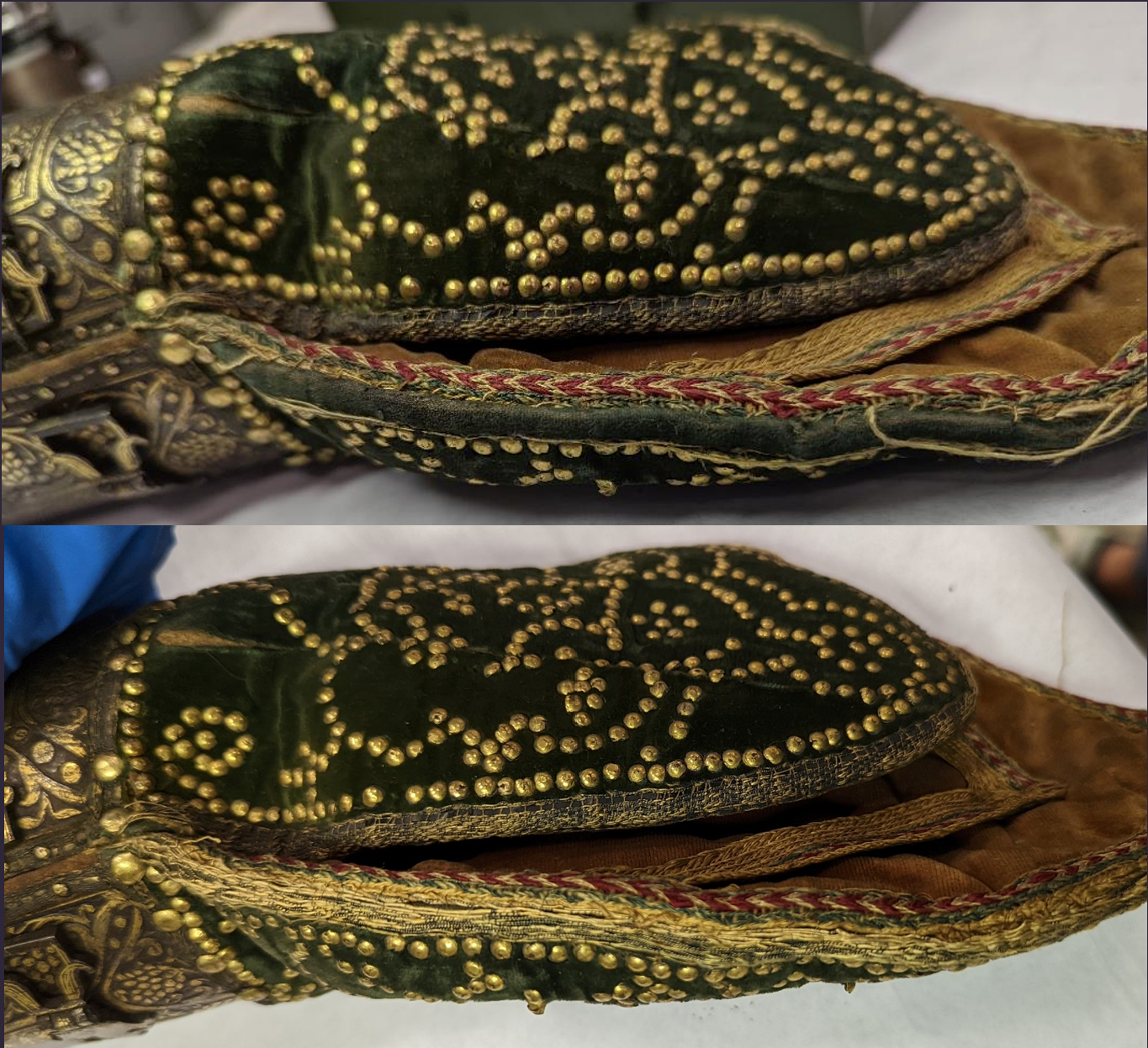  One edge of the textile before (above) and after (below). The loose threads had previously been tucked inside the mitten; I realigned the threads and secured them back to the surface.  