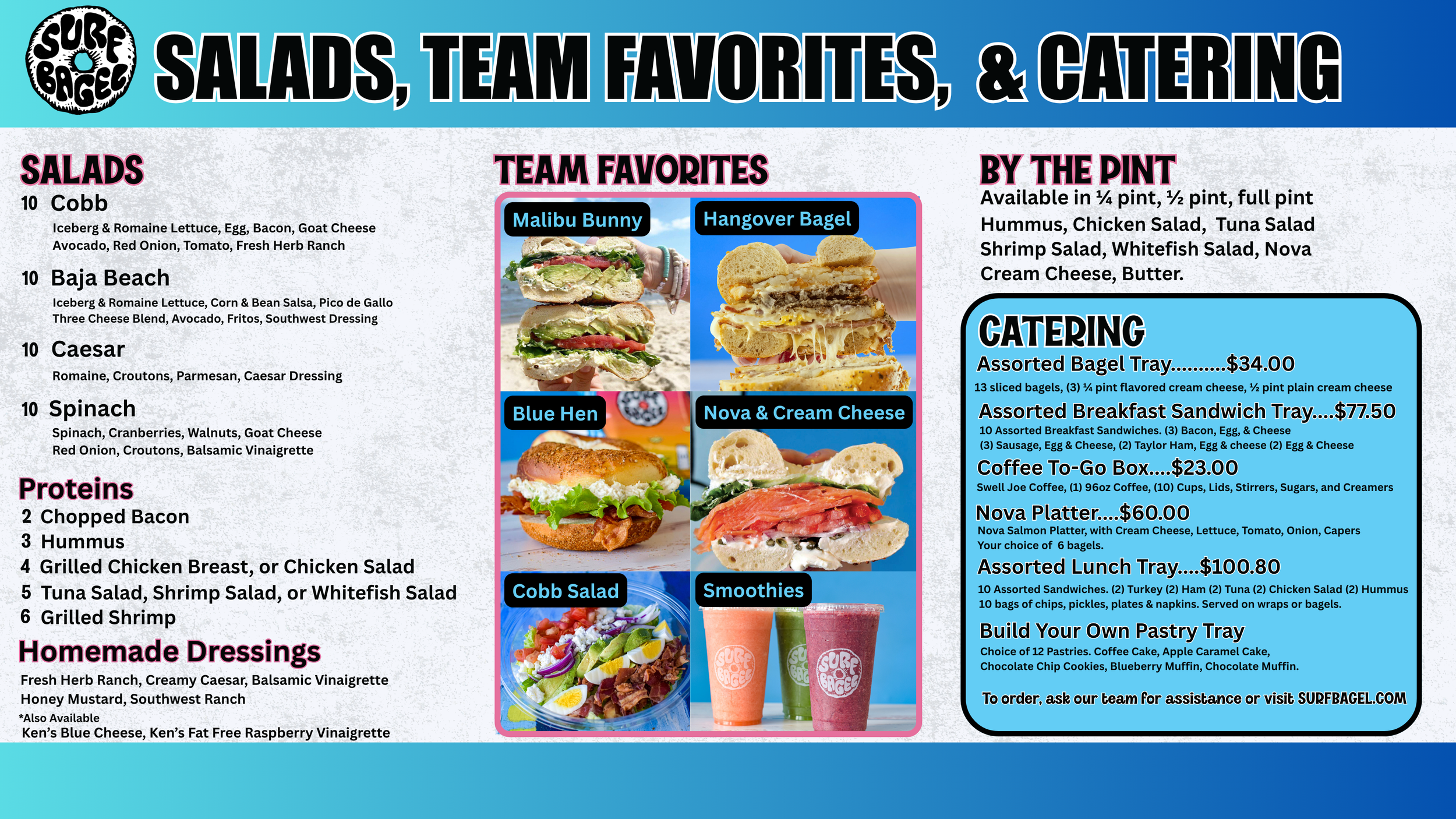 Menu from Surf Bagel featuring salads, team favorites, catering options, and build-your-own pastry tray with images of sandwiches, bagels, smoothies, and salads.