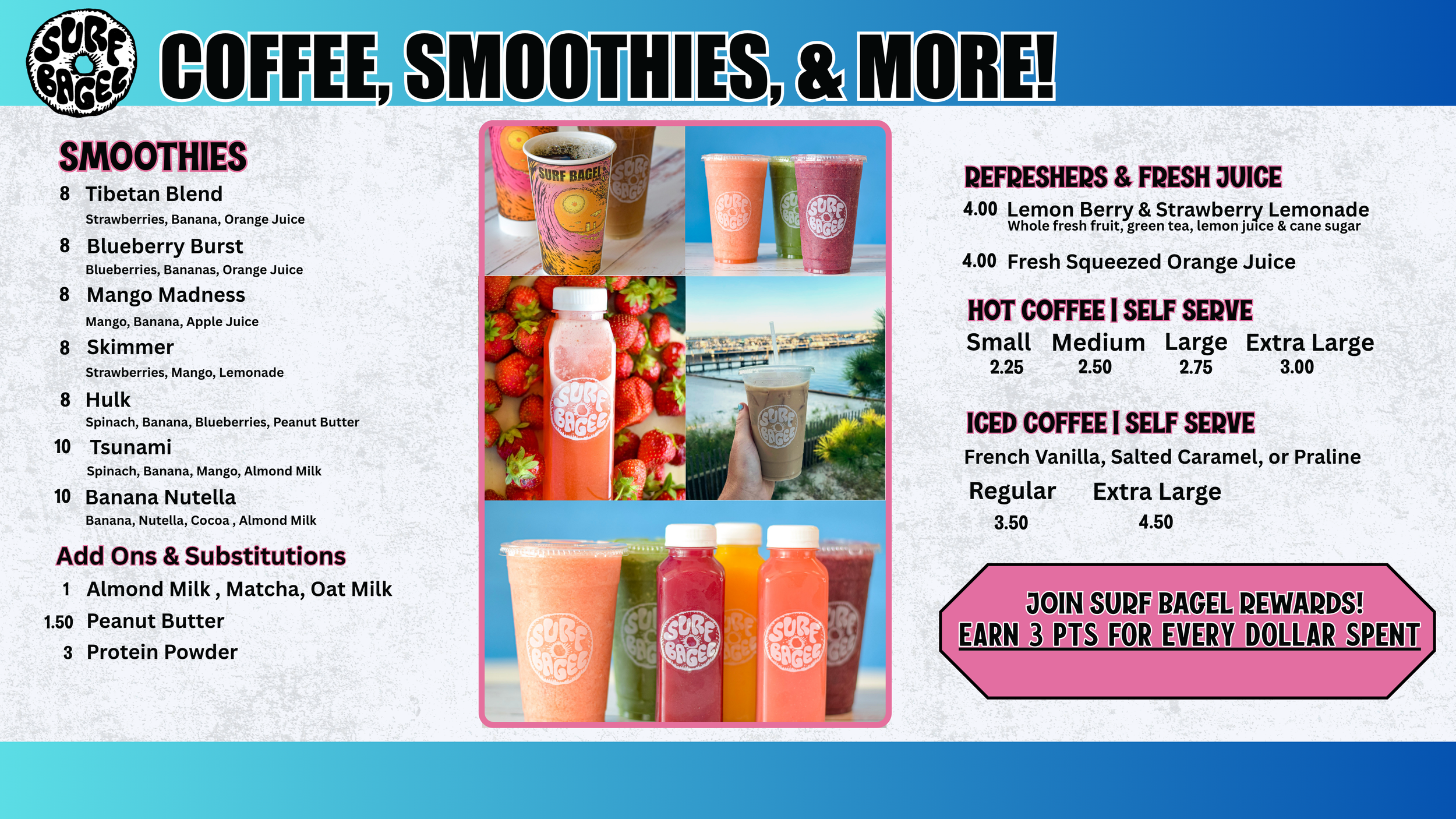 A menu listing coffee, smoothies, and refreshers at Surf Bagel, with pictures of colorful drinks and a waterfront background.