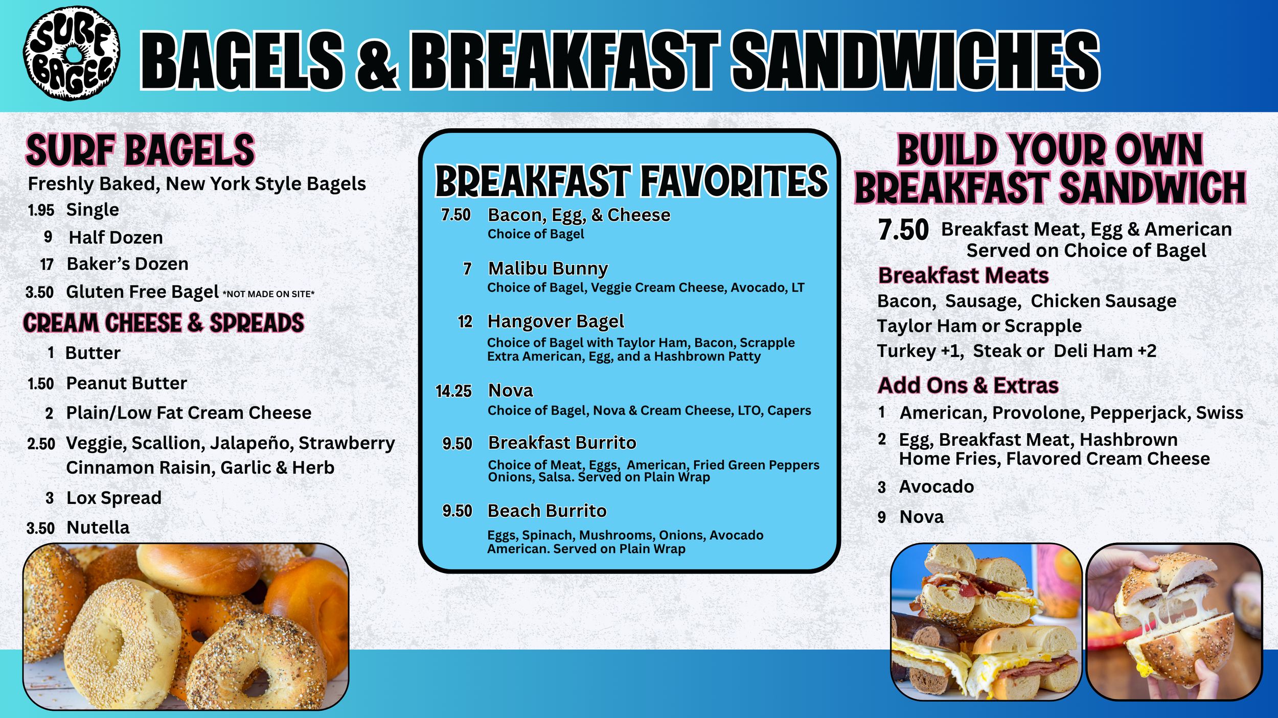 Menu for Surf Bagels featuring bagels, breakfast sandwiches, and breakfast favorites, with images of assorted bagels and breakfast sandwiches.