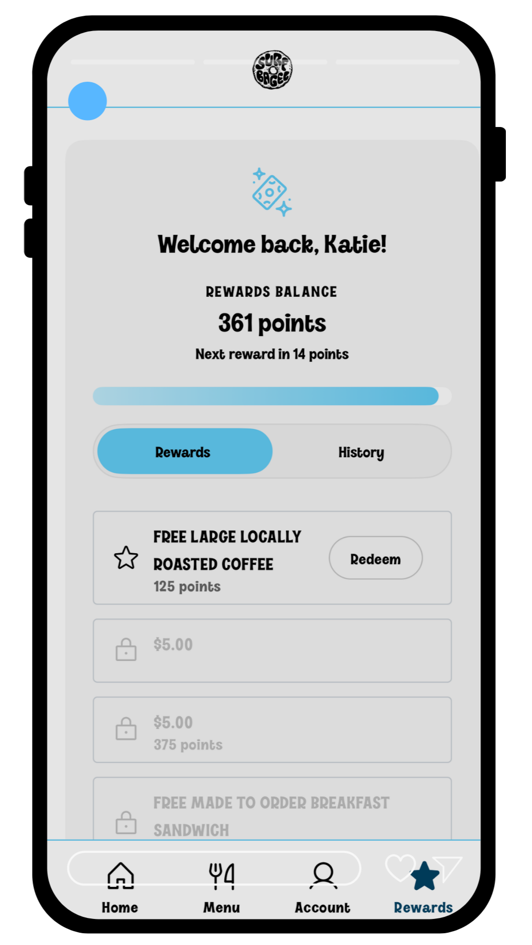 Mobile app screen displaying a rewards program for a coffee shop, showing points balance, certain rewards like free large coffee, and navigation menu.