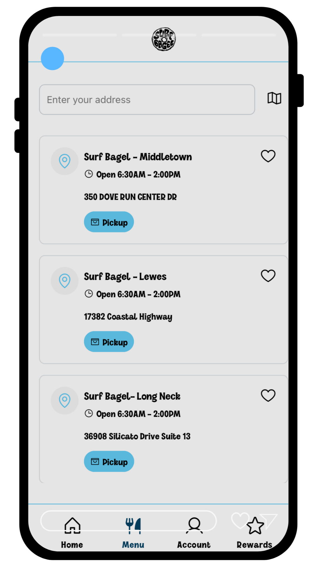 Mobile app screen displaying a restaurant food ordering interface with three pickup locations, their addresses, hours, and 'Pickup' buttons.