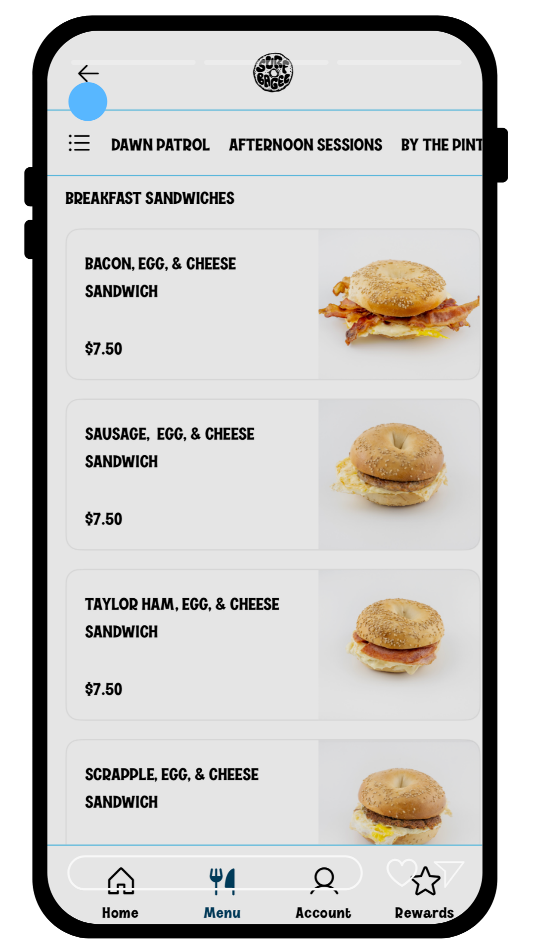 Mobile screen displaying a food menu for breakfast sandwiches with images of three different sandwiches and their prices, featuring a top menu bar with navigation options and icons at the bottom for home, menu, account, and rewards.