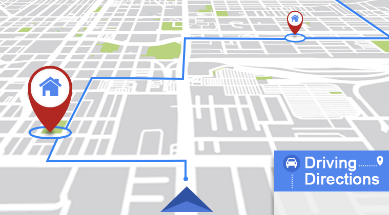 A GPS navigation map showing driving directions from one house to another on a city street grid.