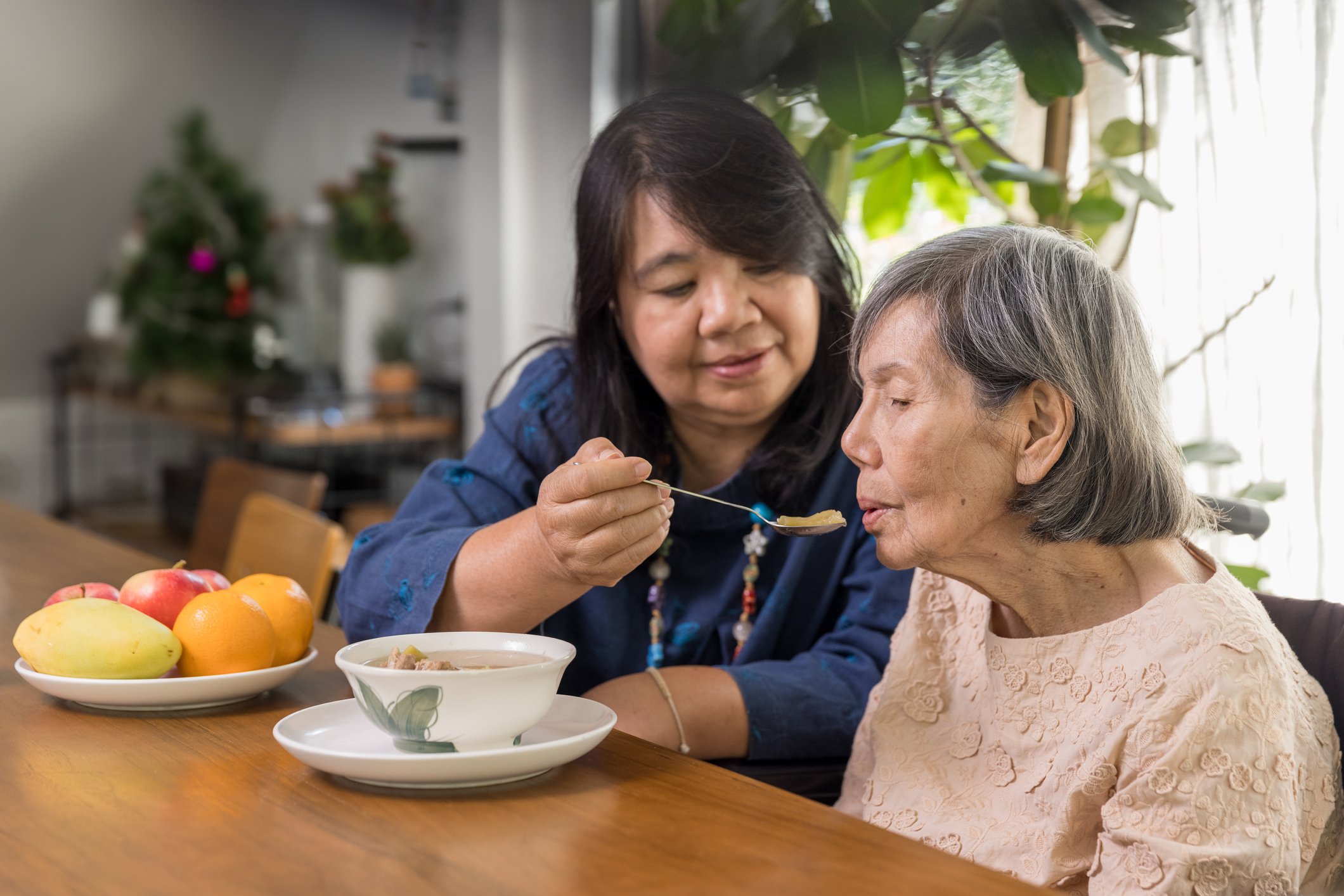 Image of a woman feeding her eldery mother. Are you suffering from caregiver stress? Is it causing caregiver fatigue or caregiver stress? Call today to start therapy for caregiver support in the San Francisco bay area.