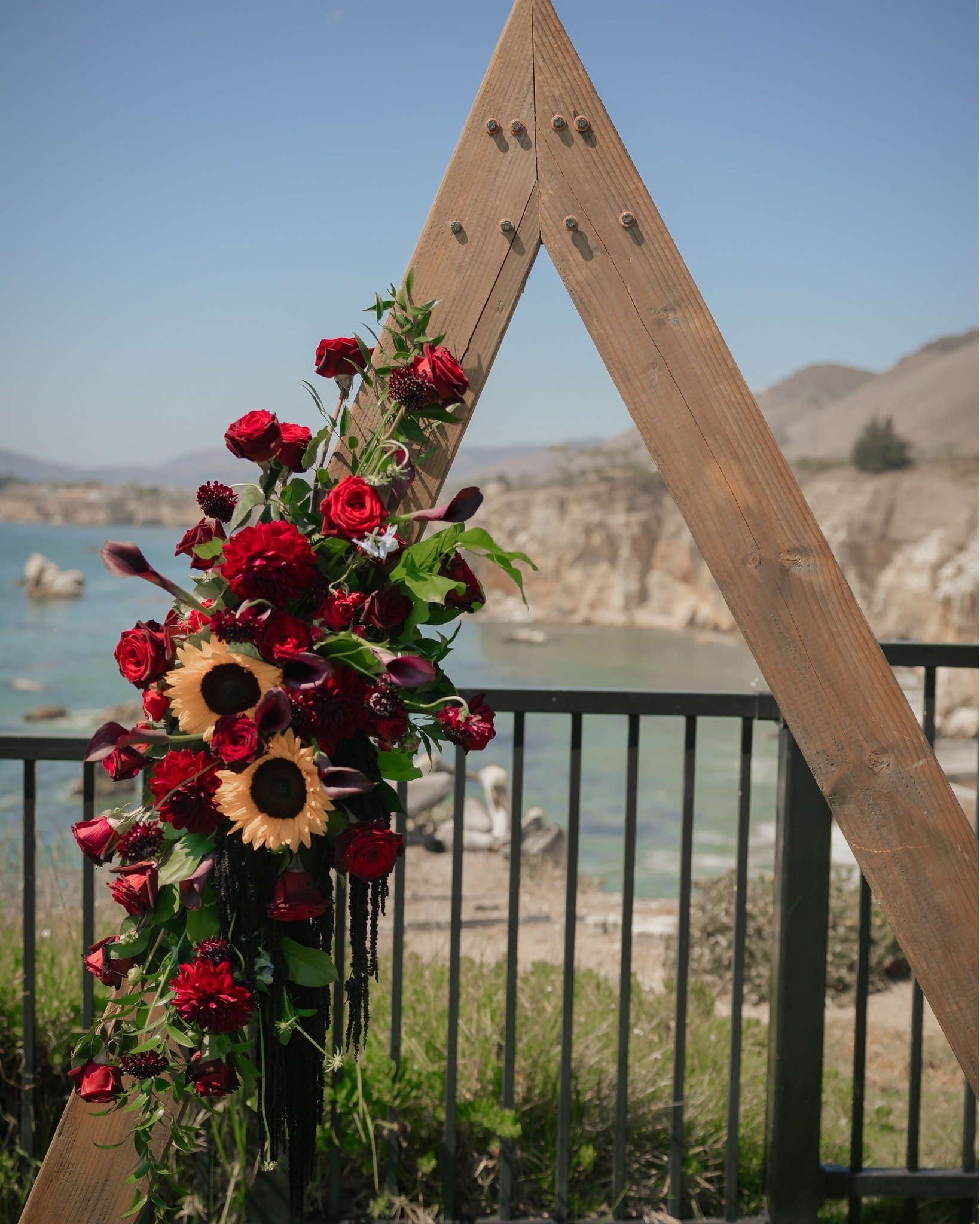A beautiful clear sky blessed Corrie &amp; Brandon's goth cliffside wedding ceremony, overlooking ocean and coast. Throughout their wedding were facets of light and dark, from the bright yellow sunflowers and dark red florals, to the seaglass greens 