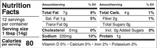 Nutrition facts for Vegan Chili Crisp 香辣拌飯醬