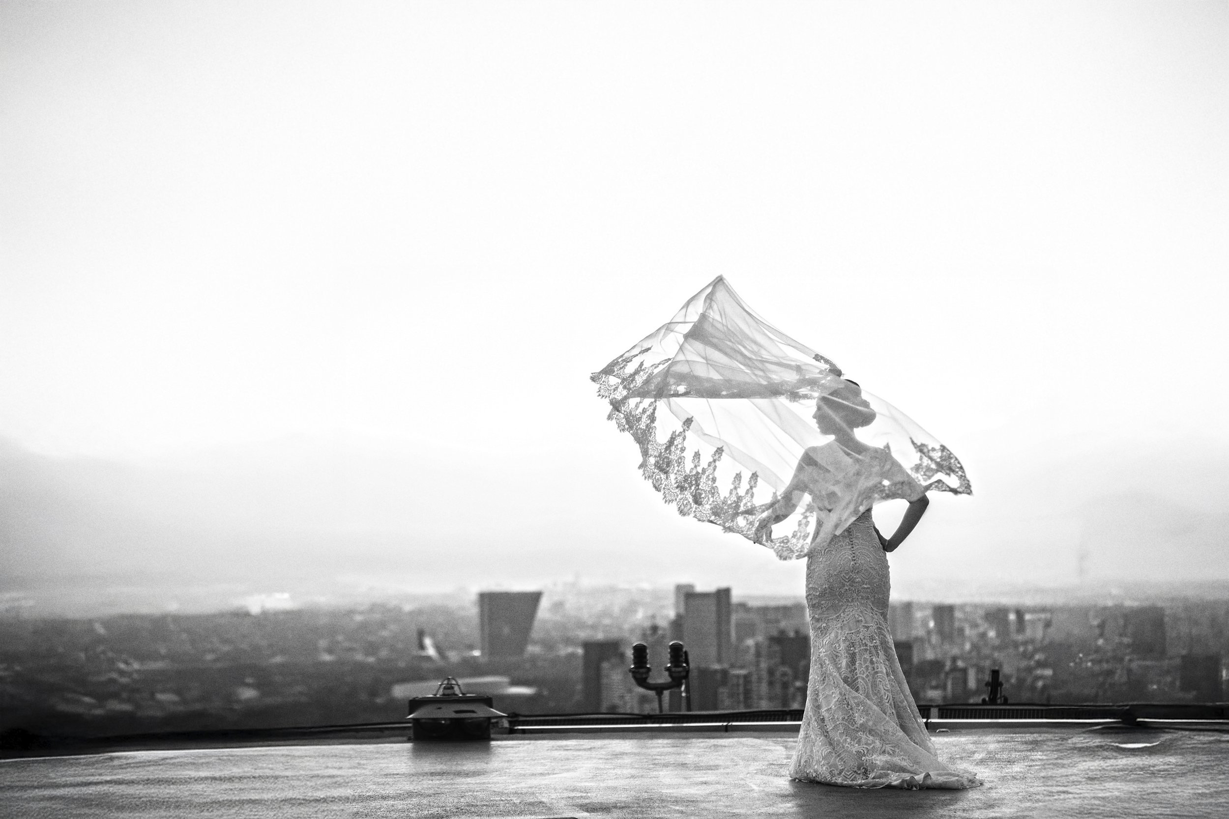 Fotografía en blanco y negro de novia levantando velo al aire en exterior abierto.