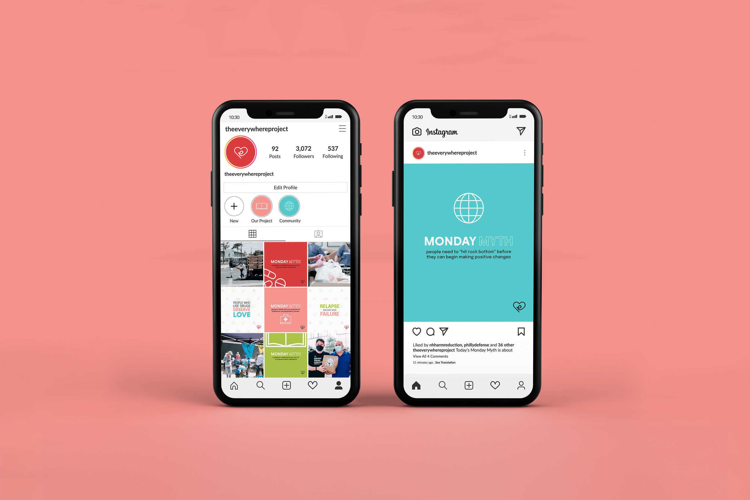 Two smartphones displaying social media profiles on a pink background. The left phone shows an Instagram profile with a grid of posts, and the right phone shows a post about Monday Myth with a blue background.