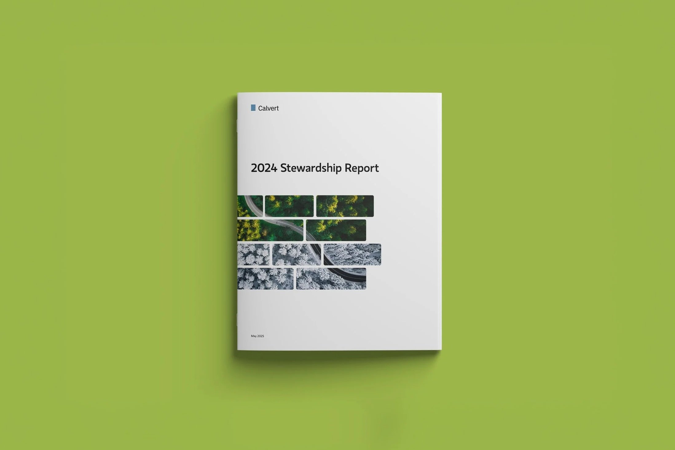 A brochure titled '2024 Stewardship Report' on a green background, with the logo 'Calvert' at the top left and an abstract mosaic of nature images on the cover.