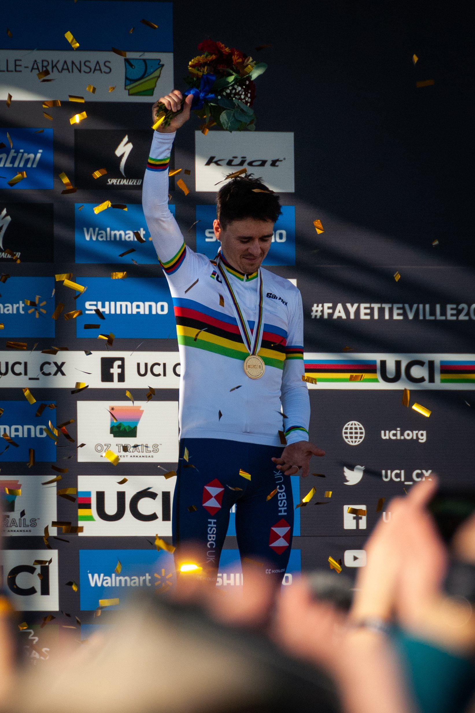 Tom Pidcock in the rainbow jersey--world champion. 