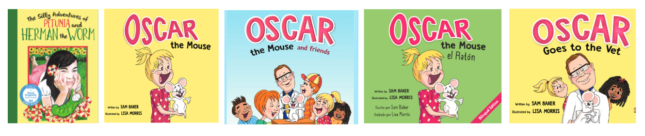 Collection of six book covers from the "Oscar the Mouse" series by Sam Baker and Lisa Morris, featuring colorful illustrations of characters including the mouse Oscar, children, and a veterinarian, with titles such as "Petunia and Herman the Worm" and "Oscar Goes to the Vet."