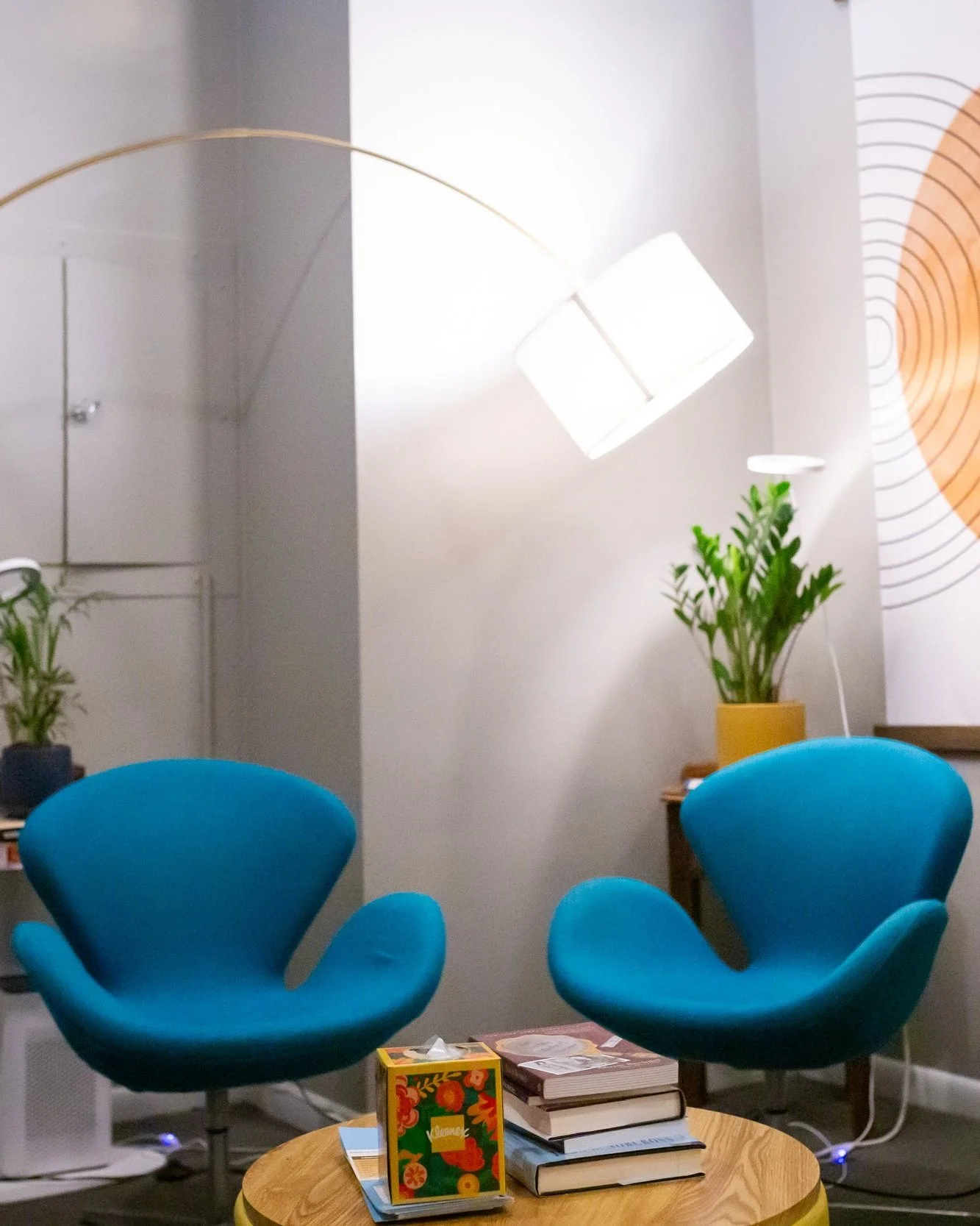 Teal armchairs in a couples therapy office in Washington DC