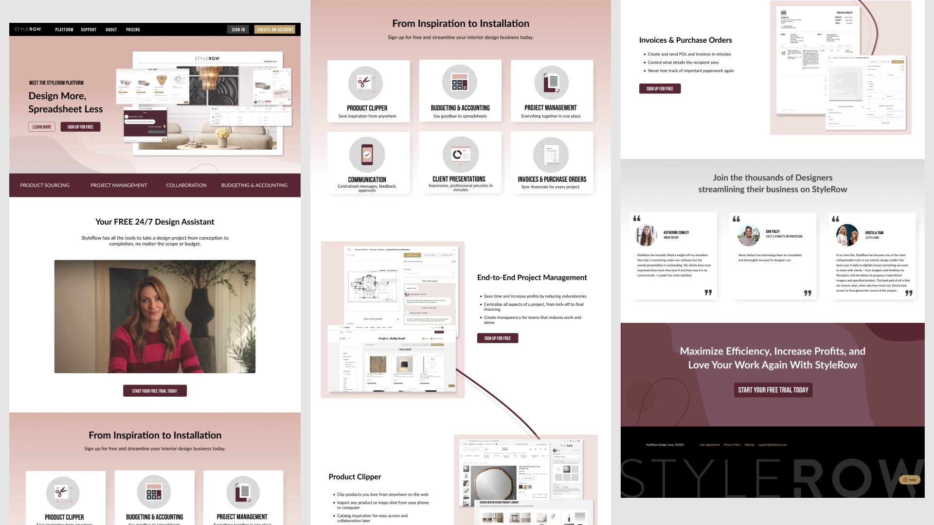 Screenshots of a website promoting StyleRow interior design business management platform, showing features, testimonials, and call-to-action buttons for free trial sign-up.