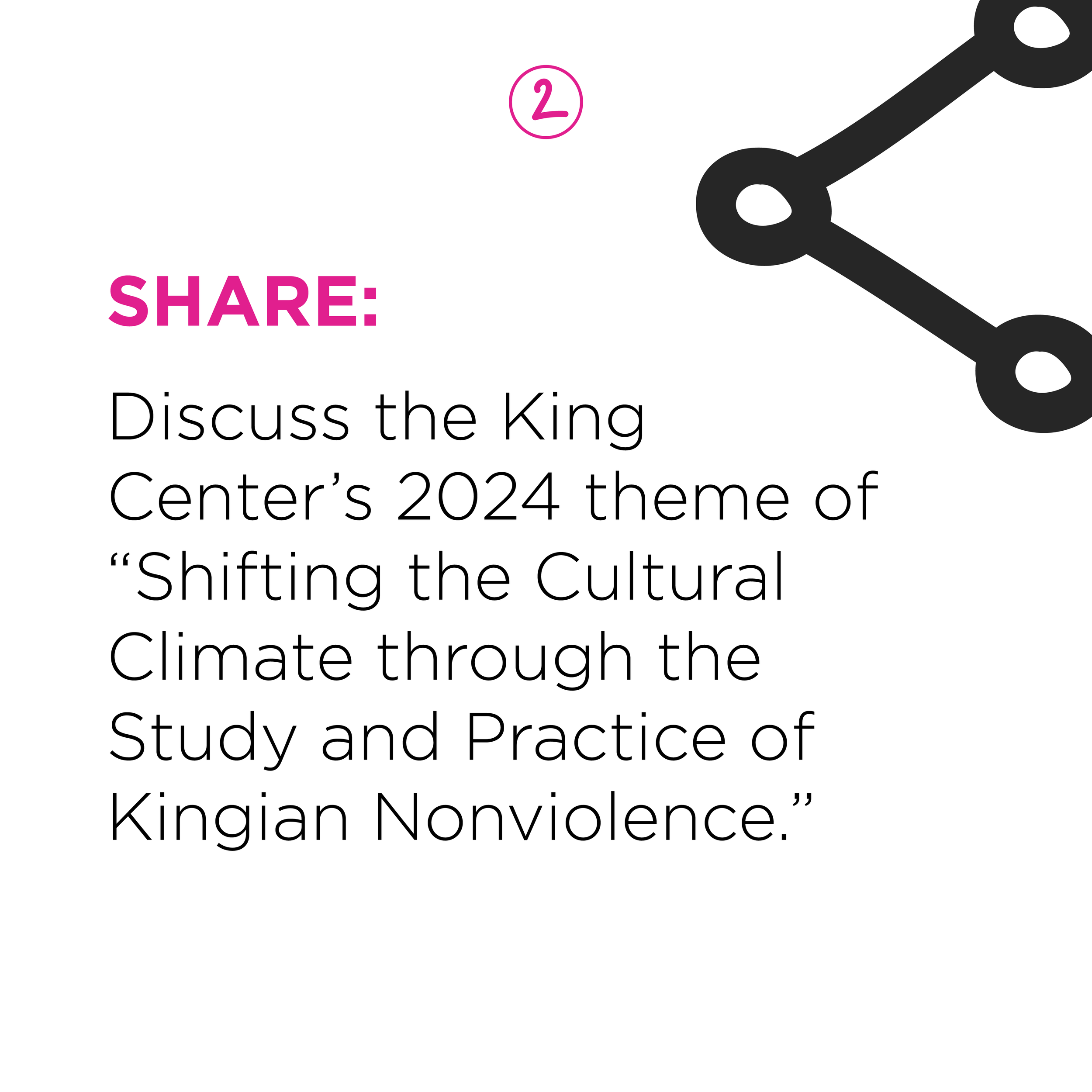 Text on a white background with the headline 'SHARE:' in bold pink font, followed by a prompt to discuss the 2024 theme of the King Center, 'Shifting the Cultural Climate through the Study and Practice of Kingian Nonviolence'. A portion of a black graphical element is in the top right corner.