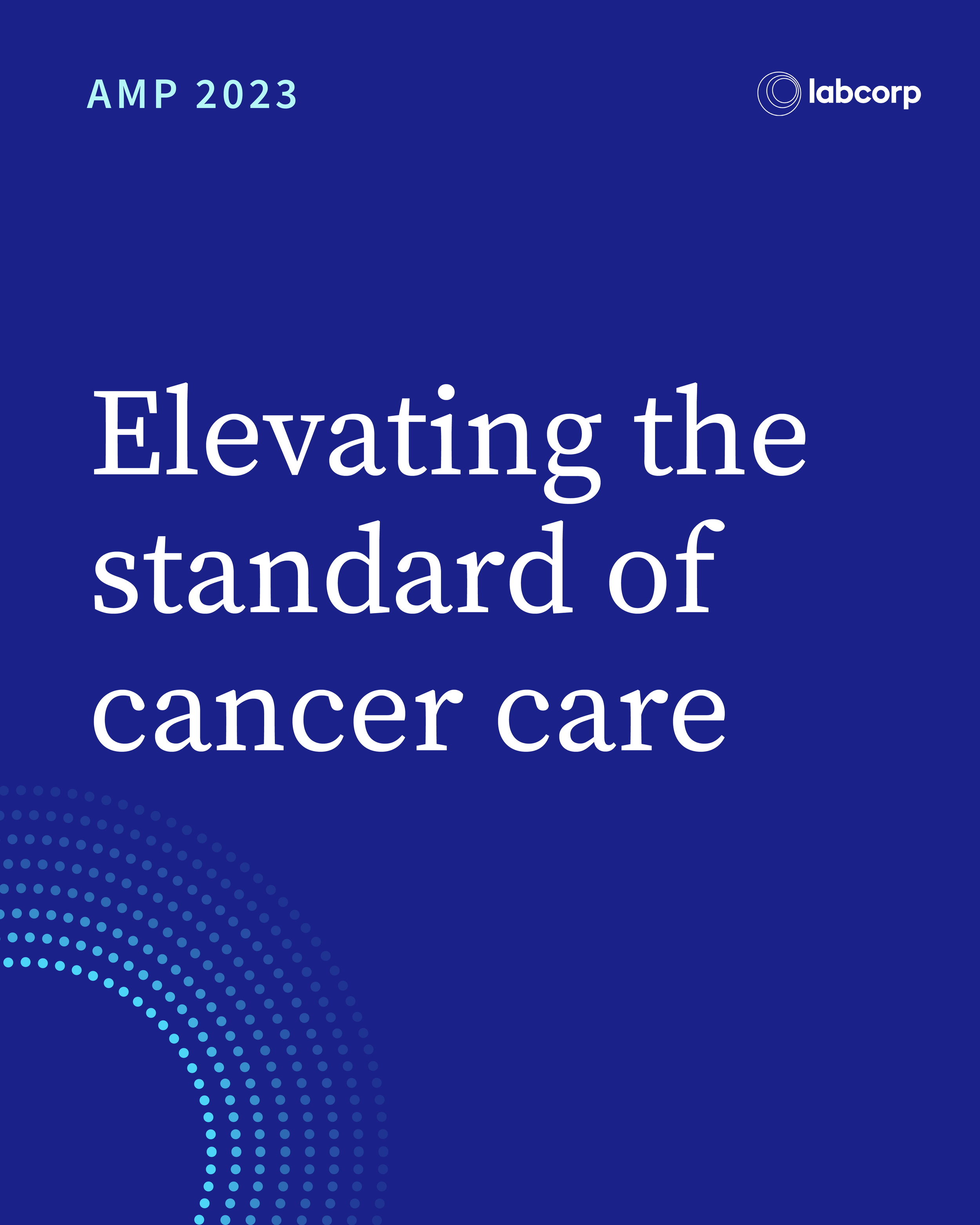 Conference presentation slide with a blue background displaying the title 'Elevating the standard of cancer care', the text 'AMP 2023' at the top left, and the 'labcorp' logo at the top right.