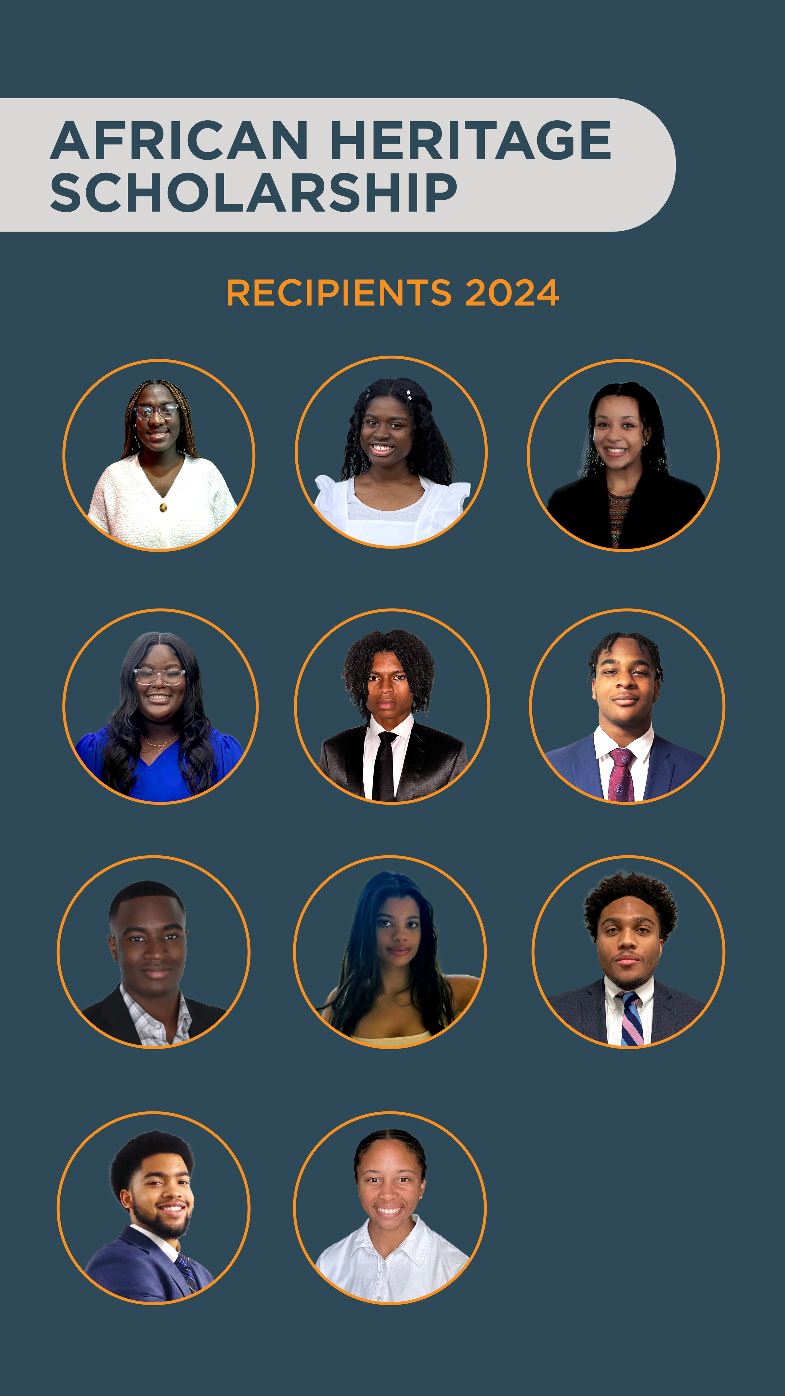Poster titled 'African Heritage Scholarship' showing photos of ten diverse young scholarship recipients from 2024, arranged in four rows with three photos, one photo, and two photos, against a dark blue background.