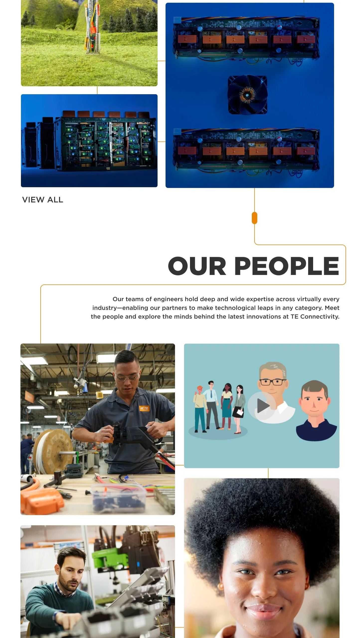 A collage showing various engineering team members, including a man working with machinery, a man working with electronic components, a woman operating equipment, and an illustrated representation of team members, with the heading "Our People" and a paragraph describing their expertise.