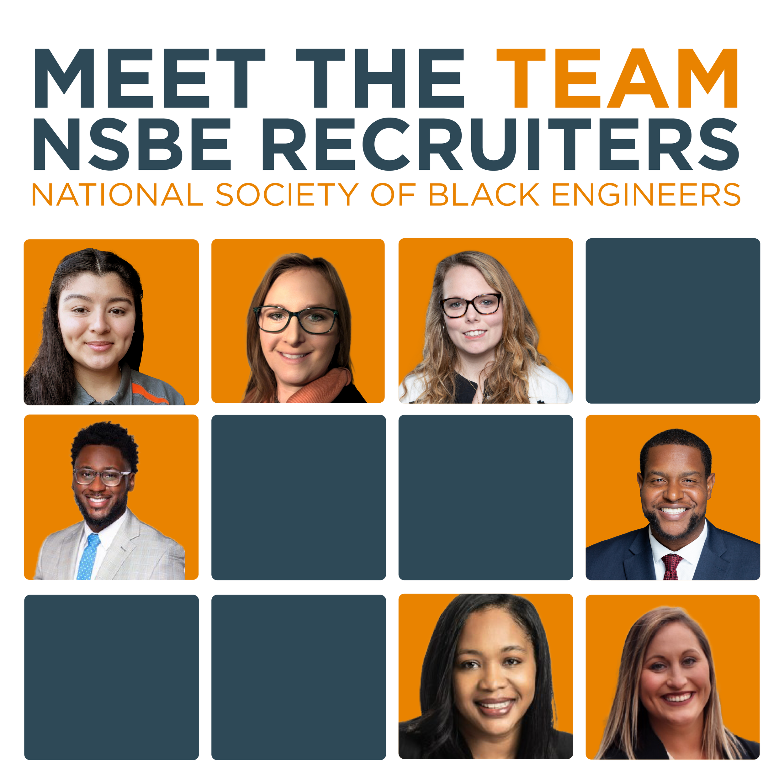 A promotional graphic for the National Society of Black Engineers features headshots of five diverse team members, with placeholders for additional images, and text introducing the NSBE recruiters.