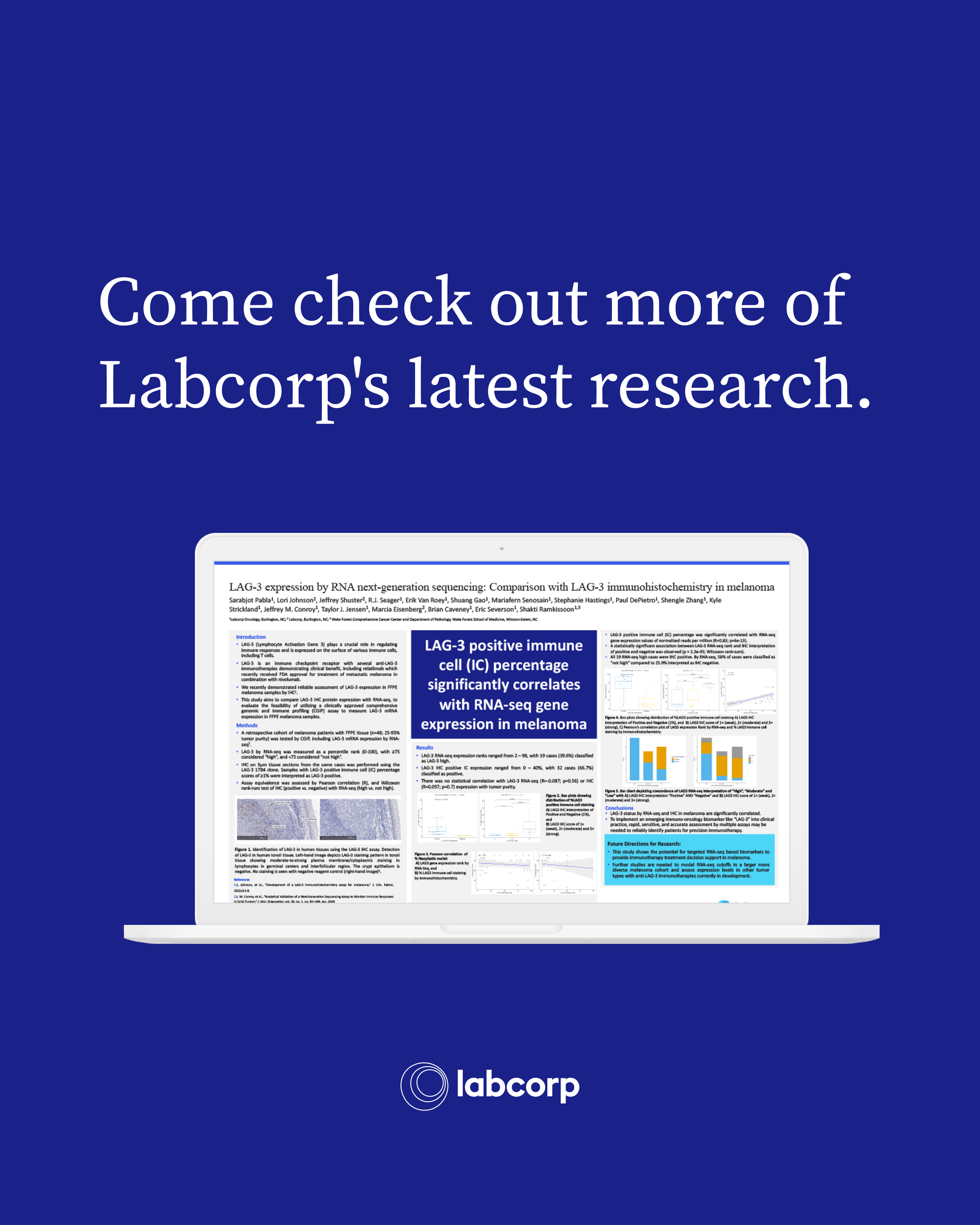 Blue background with white text inviting viewers to check out Labcorp's latest research, featuring a partially visible computer screen displaying a scientific research poster.