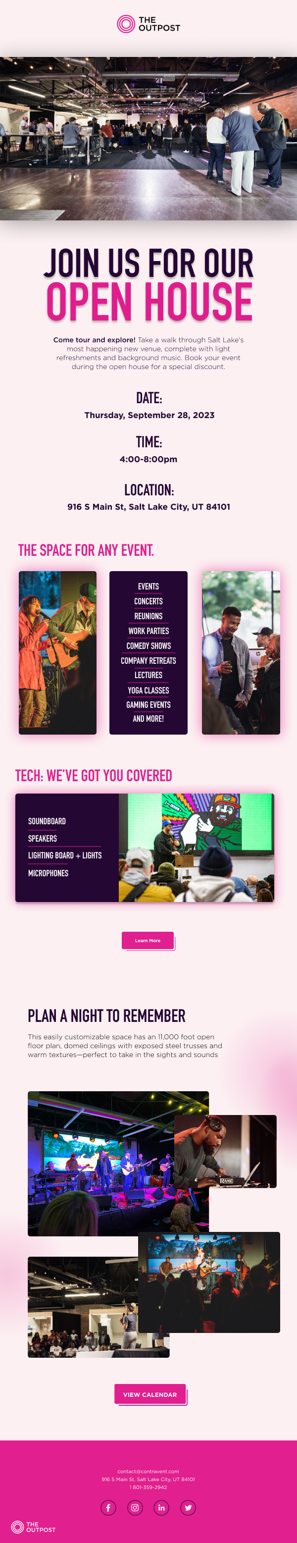 Event flyer for The Outpost's open house featuring images of people attending, live music, and technology equipment, with details about the event date, time, location, and activities.