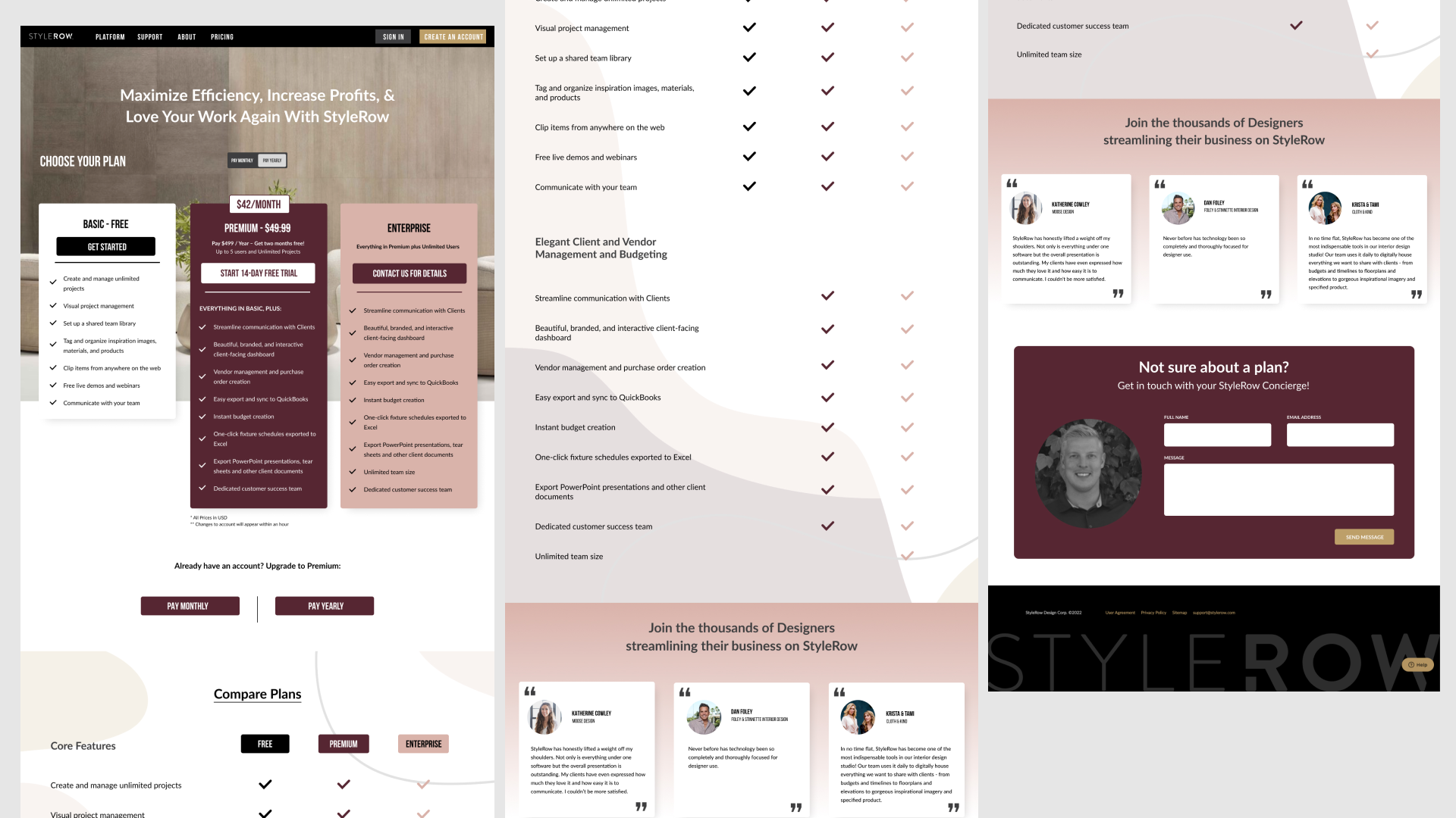 Screenshots of the StyleRow website showcasing plans and features, client and vendor management, and user testimonials.