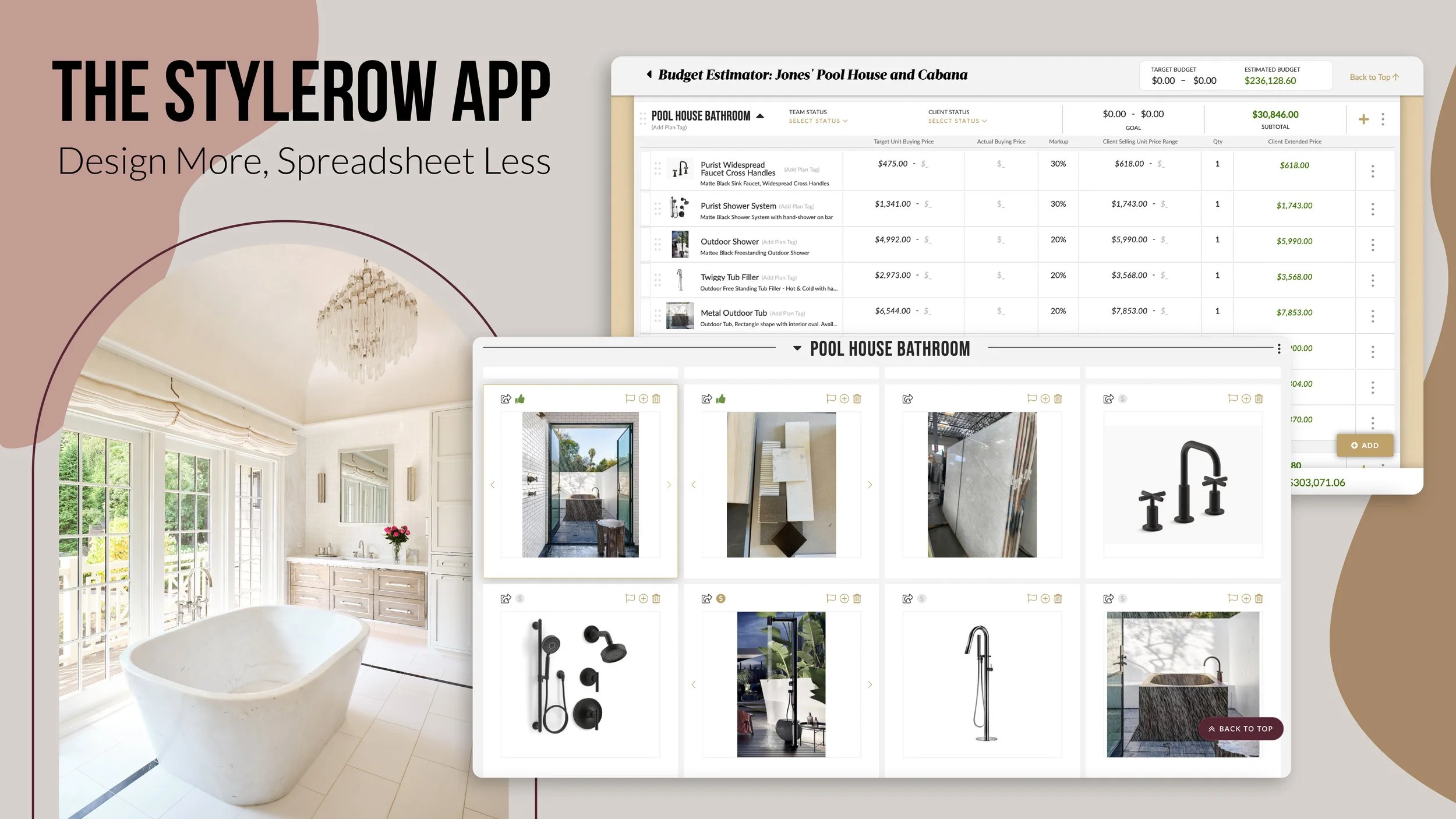 An advertisement for the StyleRow app showing a stylish bathroom with a freestanding bathtub, and screenshots of design and budgeting features with product images and a spreadsheet.