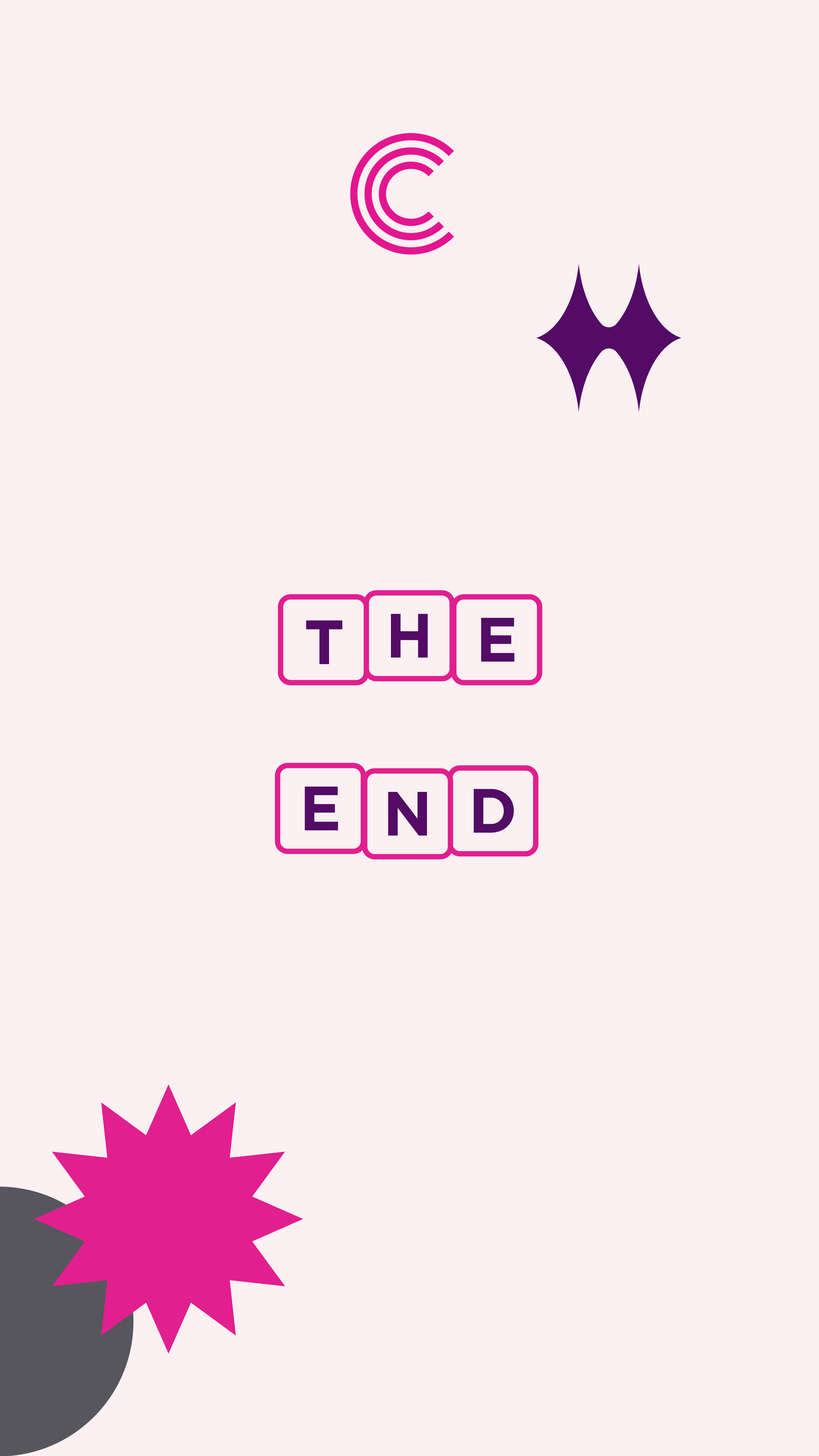 Graphic with the words "THE END" centered and surrounded by colorful starburst and circular designs.