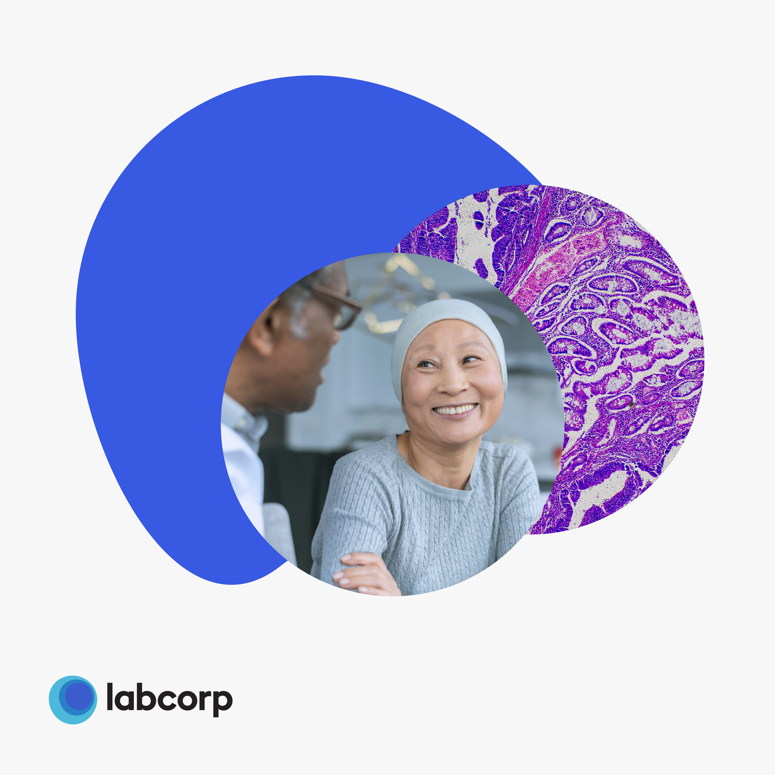 A woman wearing a light grey shirt and a white head covering, smiling and talking with a man wearing glasses, a white lab coat, and a blue shirt. The image is overlaid with a blue circular shape and a purple textured pattern, with the logo of 'labcorp' at the bottom left.
