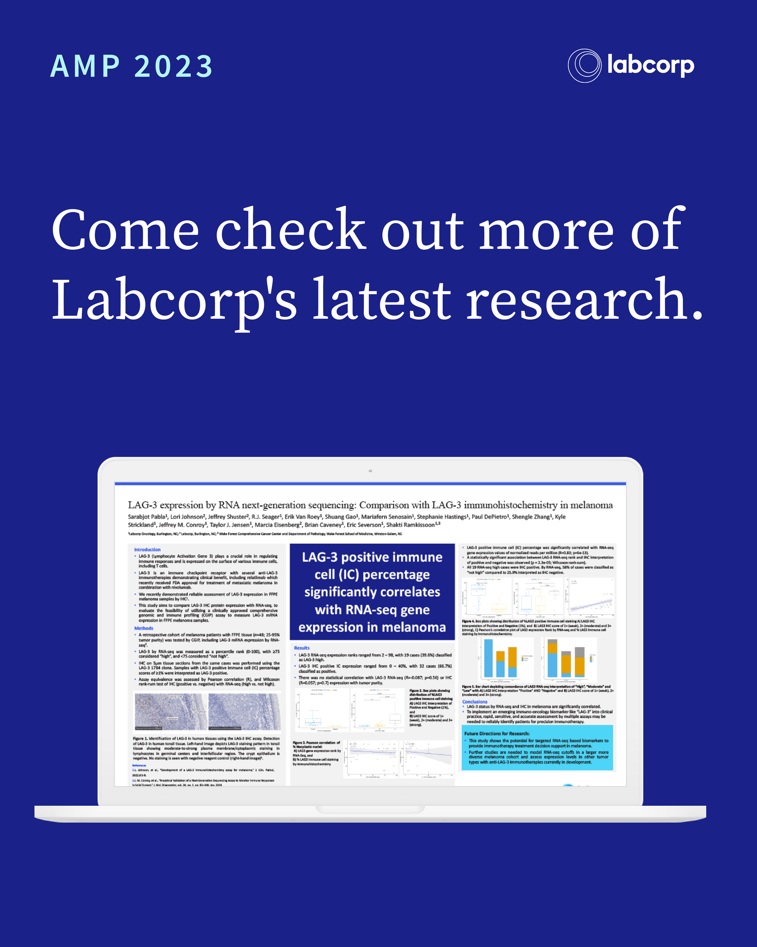 Blue promotional graphic for Labcorp's 2023 research, featuring the text 'Come check out more of Labcorp's latest research' and an image of a laptop displaying scientific research data.