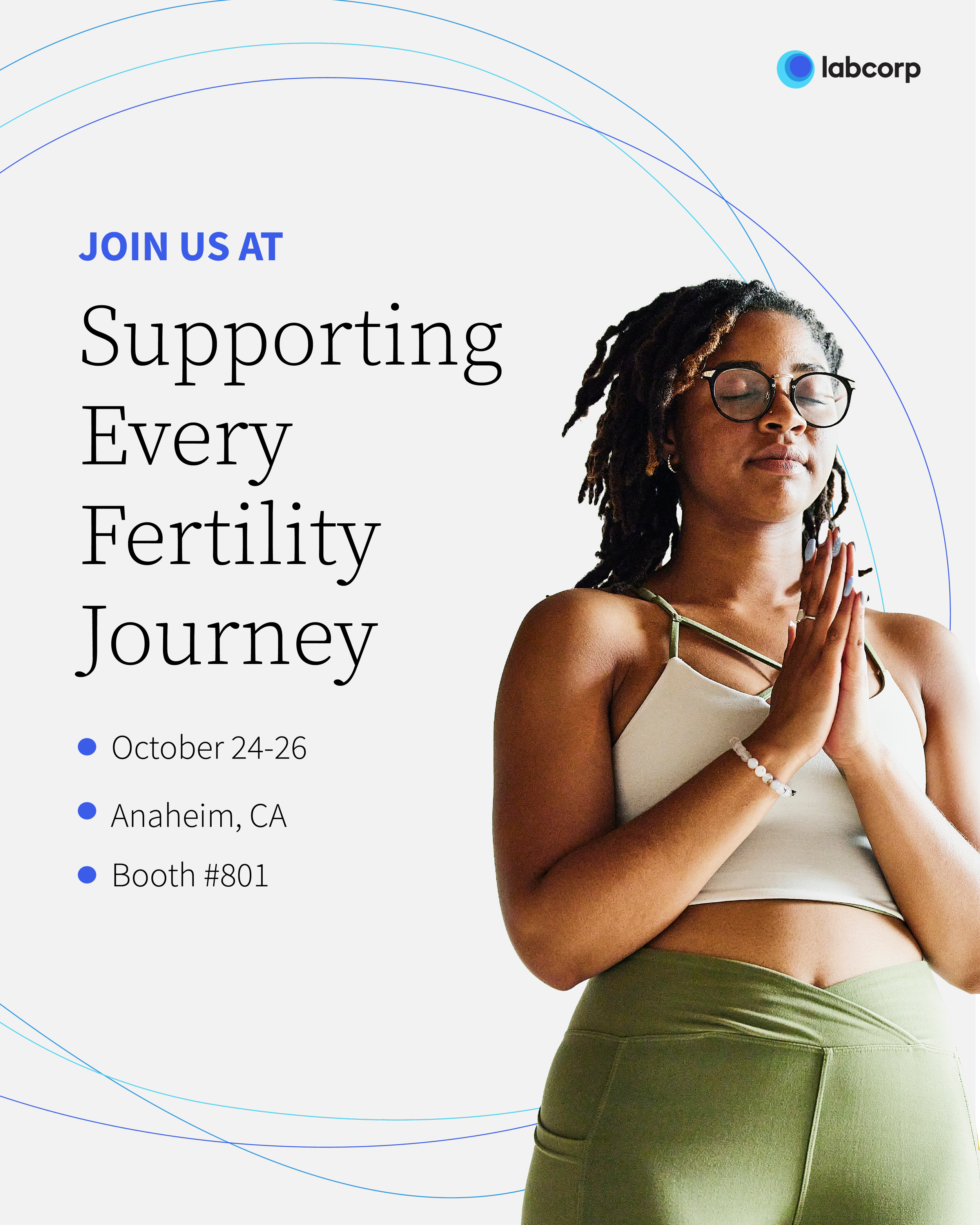 A woman with glasses and dreadlocks practicing yoga with hands in prayer position, wearing a beige crop top and green leggings, with a digital graphic background promoting a join us event by labcorp.