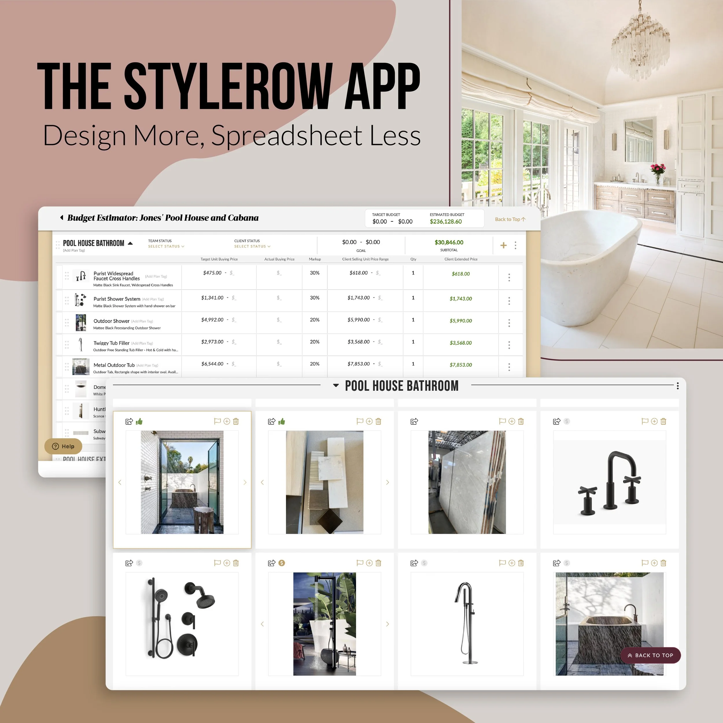A promotional graphic for the Stylerow app showing a design interface with a spreadsheet and a selection of bathroom fixtures, including a bathtub, showerhead, faucet, and towel rack, with a bright, airy bathroom background.
